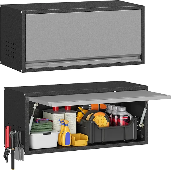 Metal Garage Wall Cabinet, Garage Cabinets Wall Mounted with Up-Flip Door, Metal Wall Cabinets for Garage Home Office Basement Pantry Kitchen and Workshop (Assembly Required, Black & Grey)