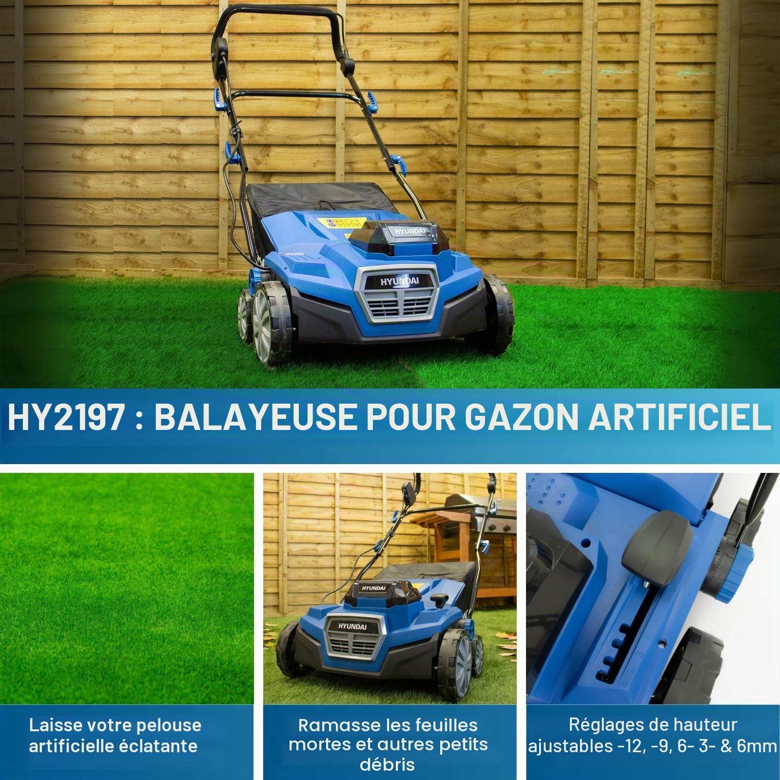 Hyundai Balai Brosse Balayeuse Gazon Synthétique sans Fil 40 V (2x20 V) Brushless, 380 mm, 5 Hauteurs Réglables, 2 Batteries 4 Ah, Garantie 3 Ans - HY2197