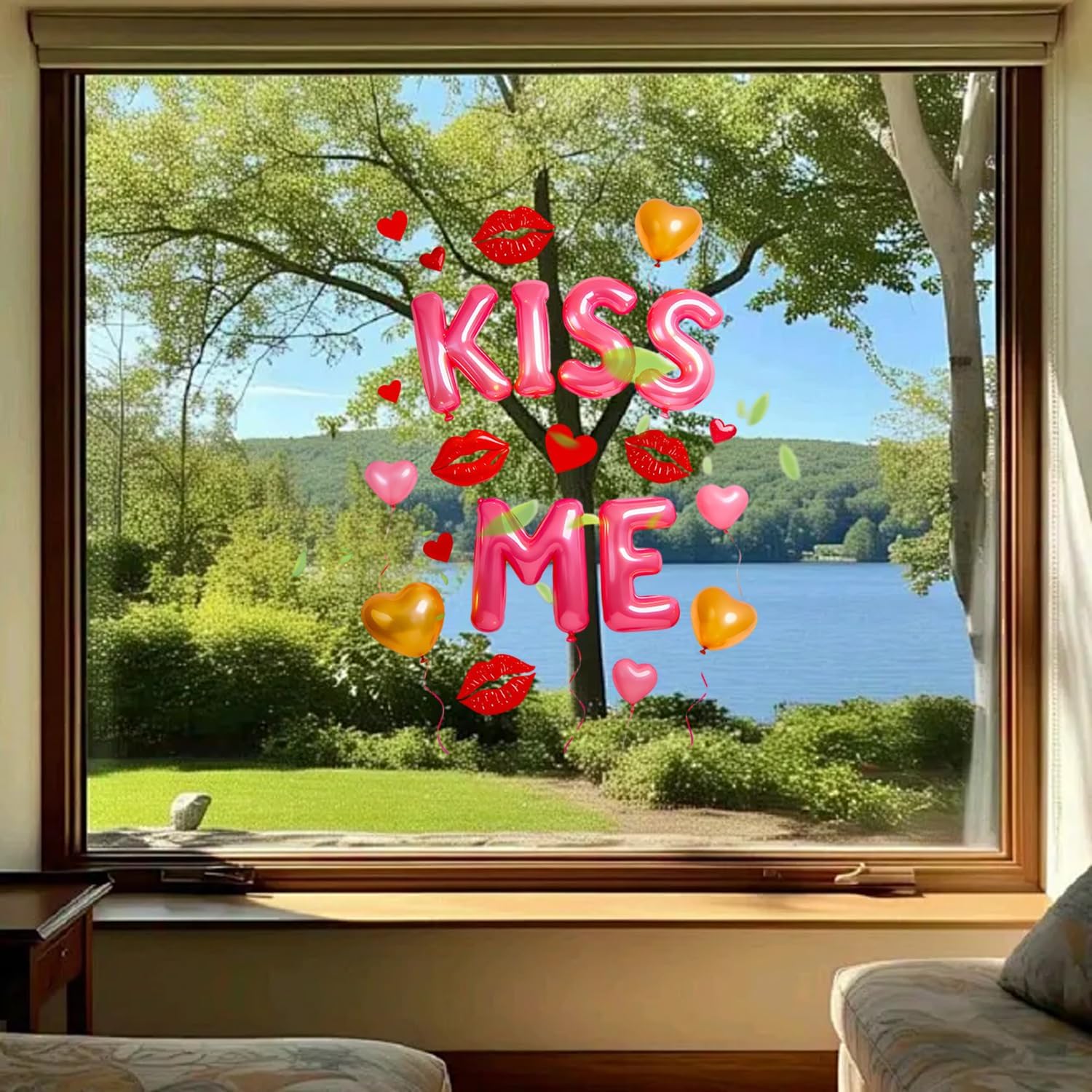 Condition photo showing New/Like New for valentine's day window clings double-sided window stickers with red lips colorful balloons design reusable window decals for anniversary holiday office glass doors decor 1 sheet styl 17