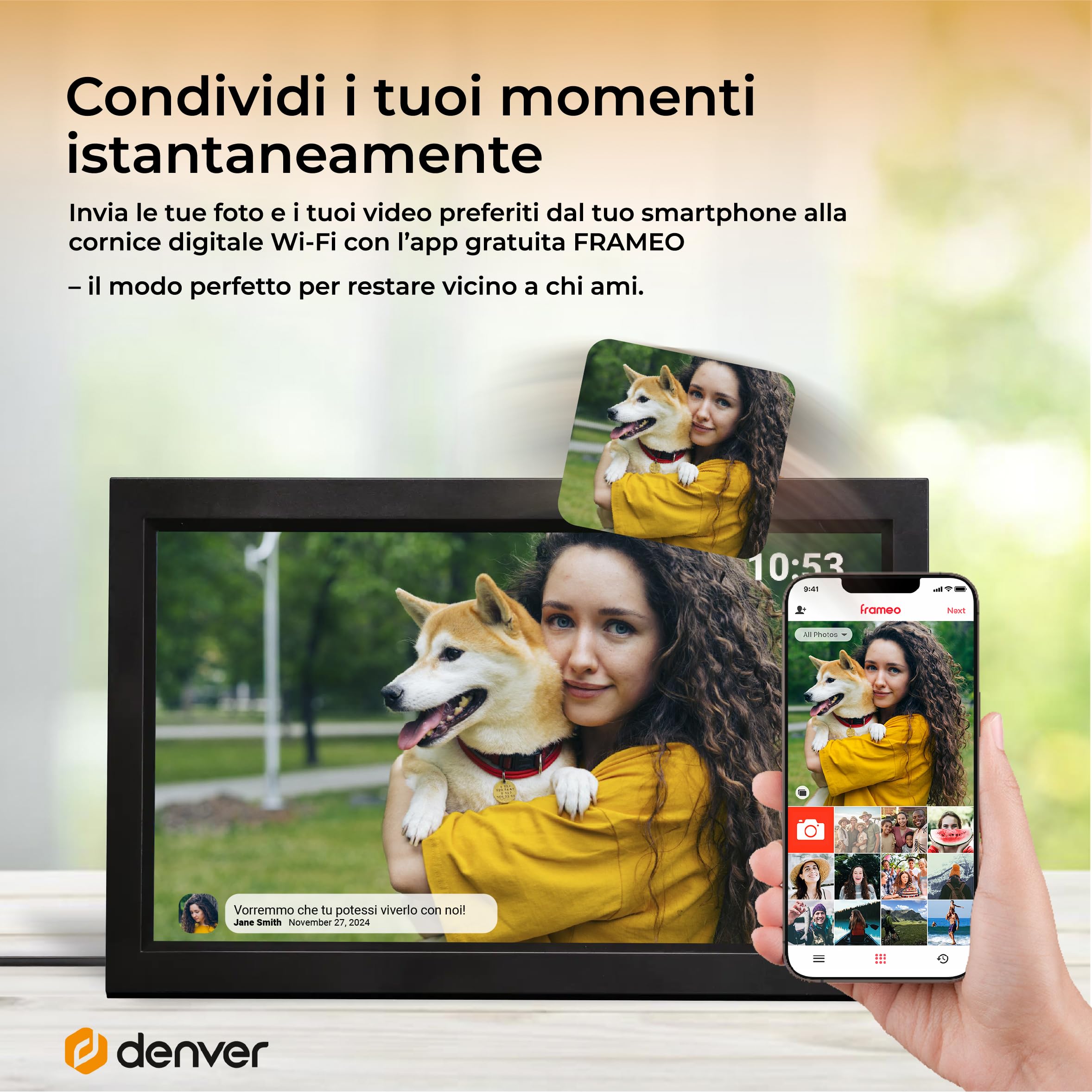 Cornice Digitale 15 Pollici WiFi - Schermo IPS Full HD 1920x1080 - Portafoto Digitale Frameo Denver per Foto e Video - Cornice Elettronica Touchscreen Smart - 16GB Memoria - Slot microSD - Nera