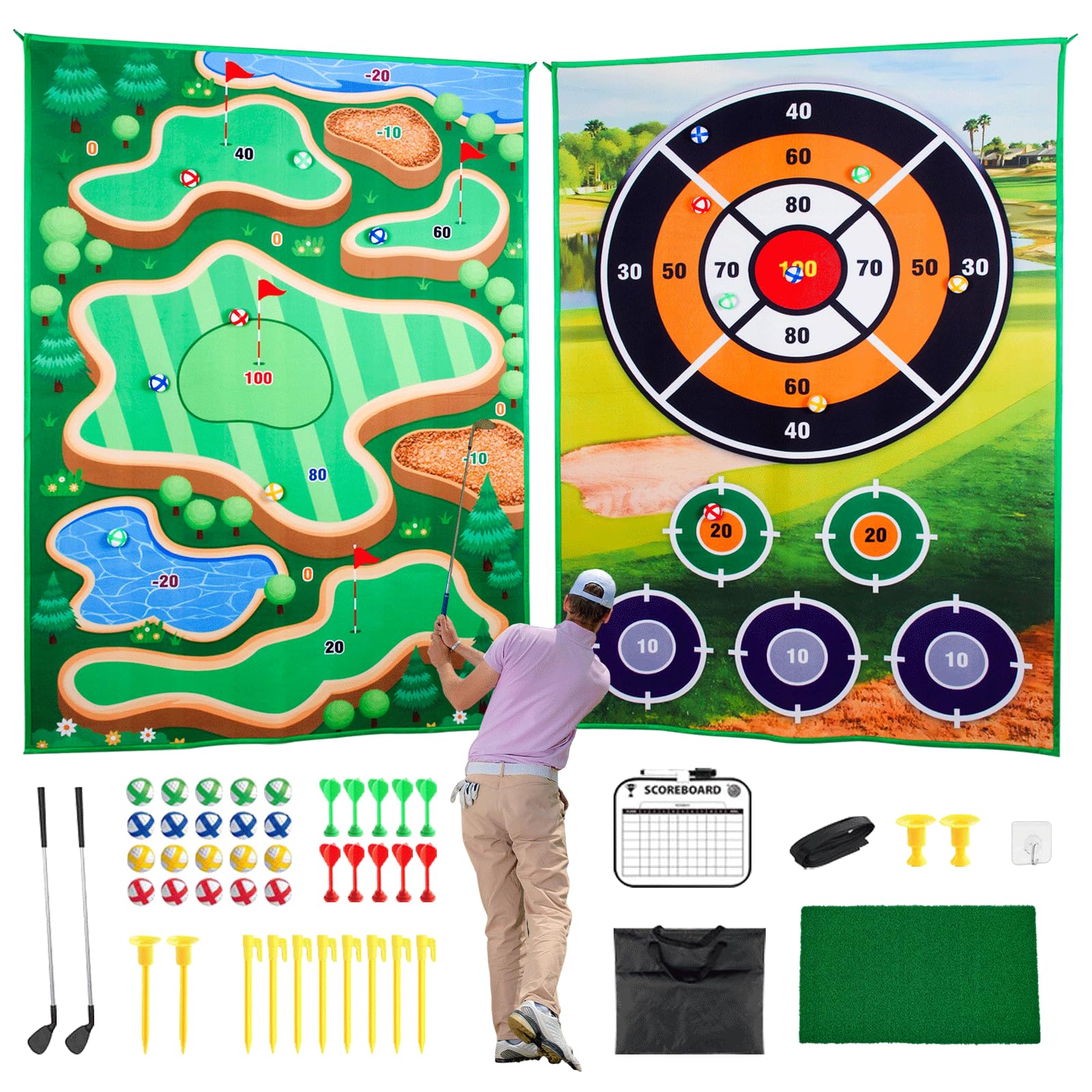 TTCBSPORTS 2 Sheet Golf Chipping Game Mat Set, 6x4 Ft Sticky Golf Pro Mats with 20 Sticky Balls & 10 Darts, Dart Practice Hitting Mat Outdoor Indoor for Adults Score Playing Backyard Garden