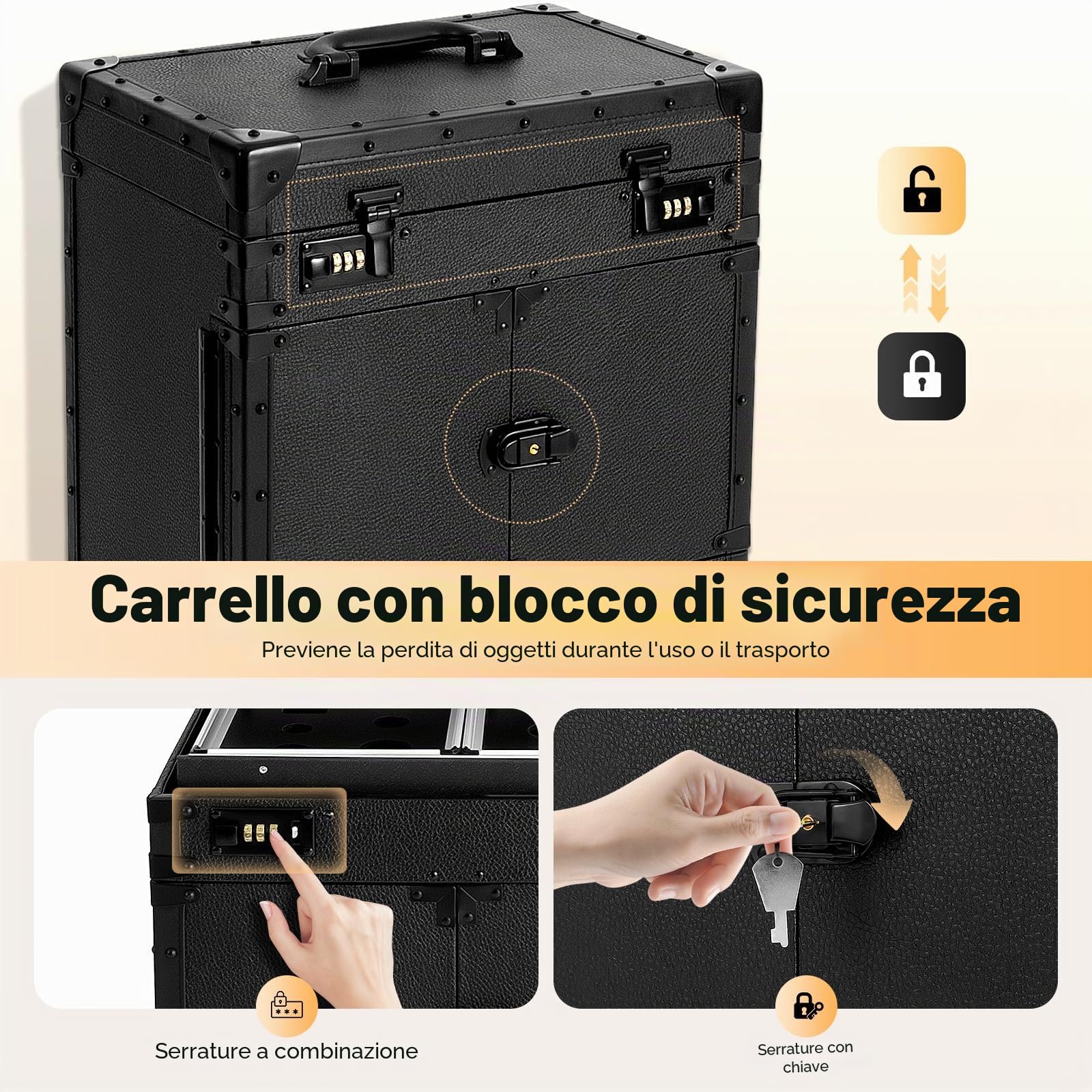 Valigetta per trucchi, trolley 4 in 1, con ruote e 2 cassetti, con serratura, 38 x 25,5 x 82 cm, per trucchi