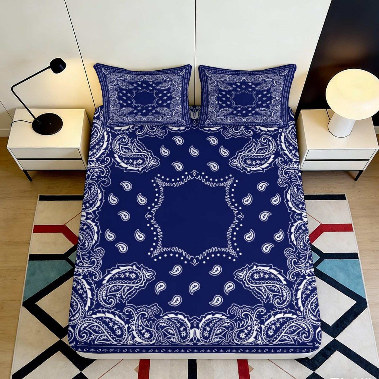 3D Printed Paisley Indigo Fitted Sheet Microfiber Soft Decorative Bandana Bed Cover for Bedroom Guest Room Protection 90x200x25cm