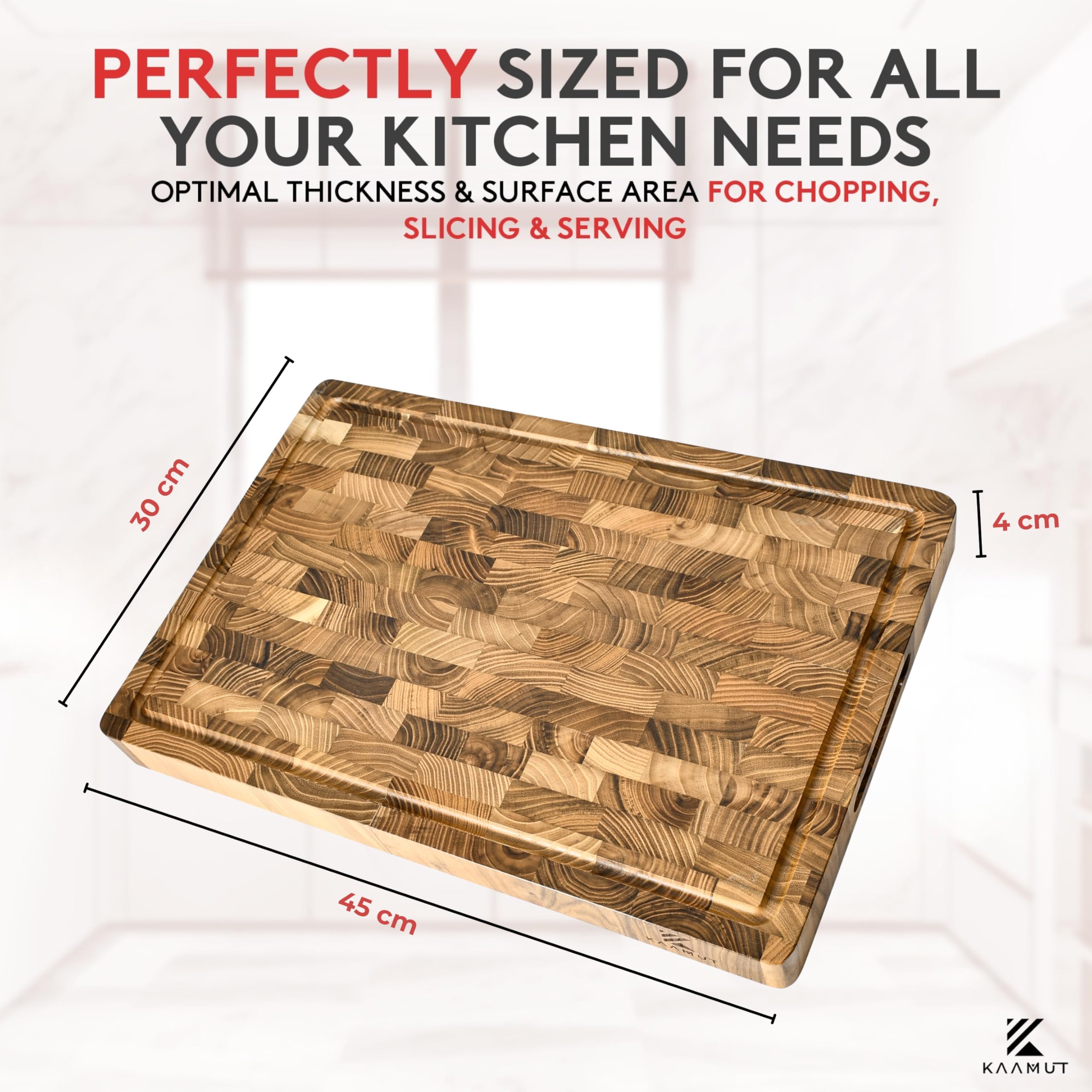 Tabla de Cortar en Teca Maciza de Testa – 45×30×4 cm – Extra Gruesa y Duradera – Con Canal para Jugos, Asas y Pies Antideslizantes – Caja de Regalo Incluida