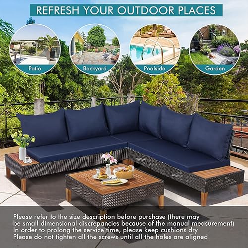 Miniatura 8 de Tangkula Patiojoy Juego de 4 piezas de madera de acacia para patio, sofá seccional de ratán de polietileno para exteriores con mesa auxiliar, sofá