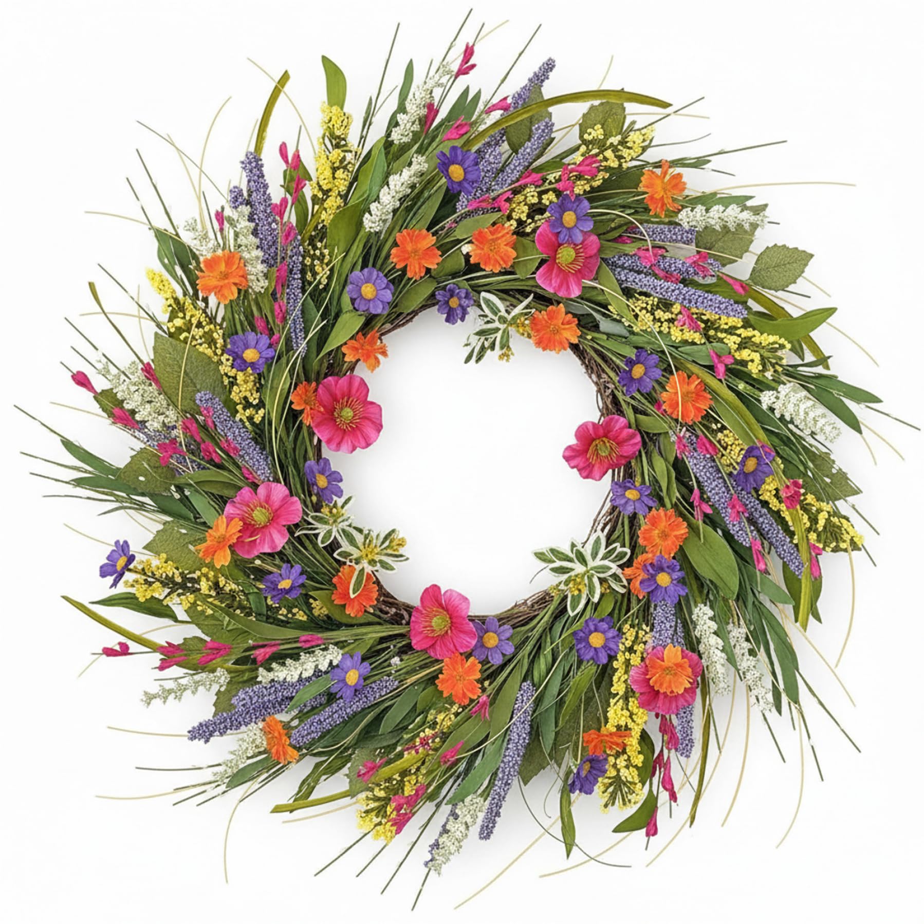 Qoidrfofse Wildflower Wreath, Colorful Spring Wreath with Realistic Silk Flowers, Summer Wreaths for Year-Round Home Decor for Front Door, 16 Inch/40 cm