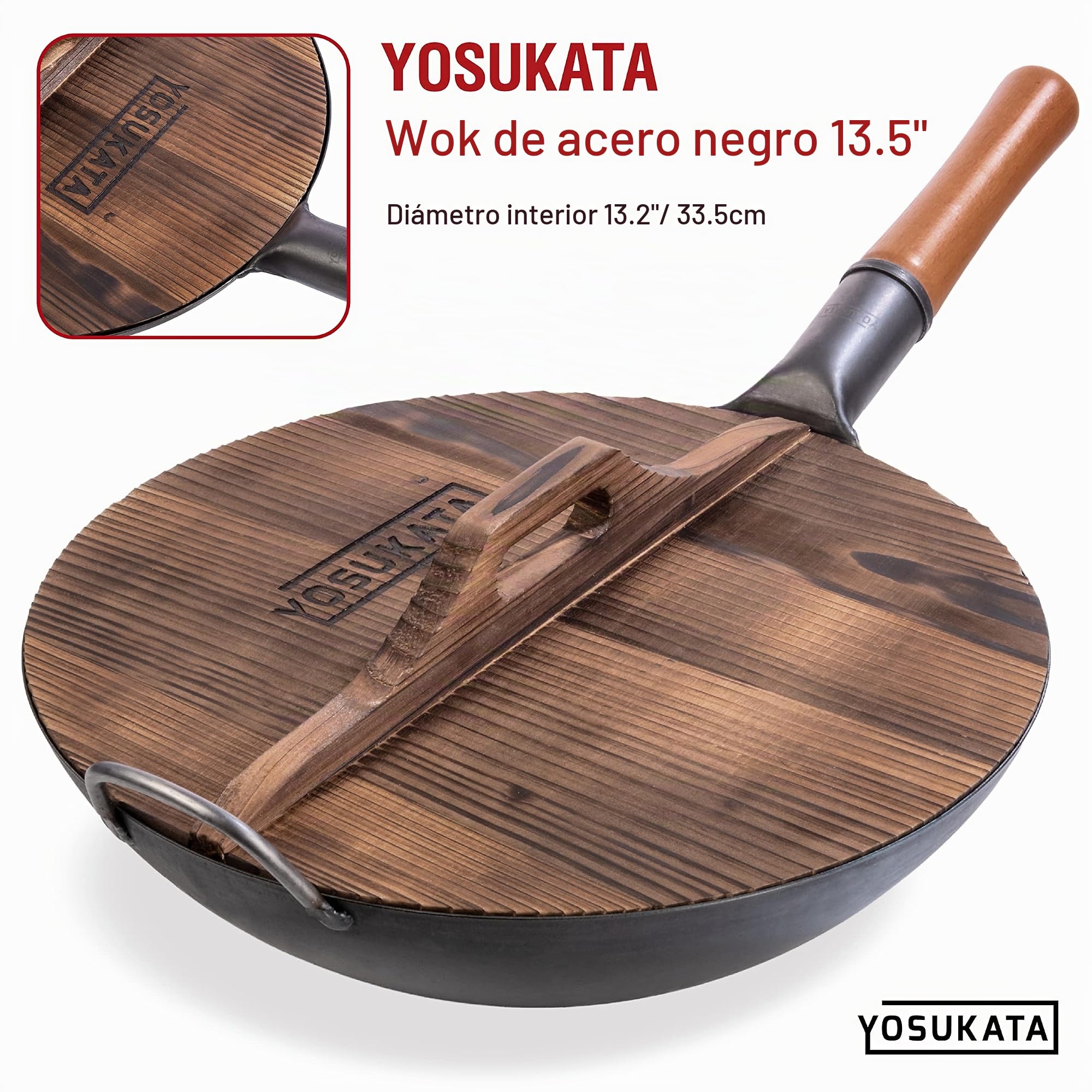 YOSUKATA Sartén Wok de Acero al Carbono 34 cm – Pre-sazonado de Fondo Plano + Tapa Para Sartén Wok de Madera Natural de 34 cm