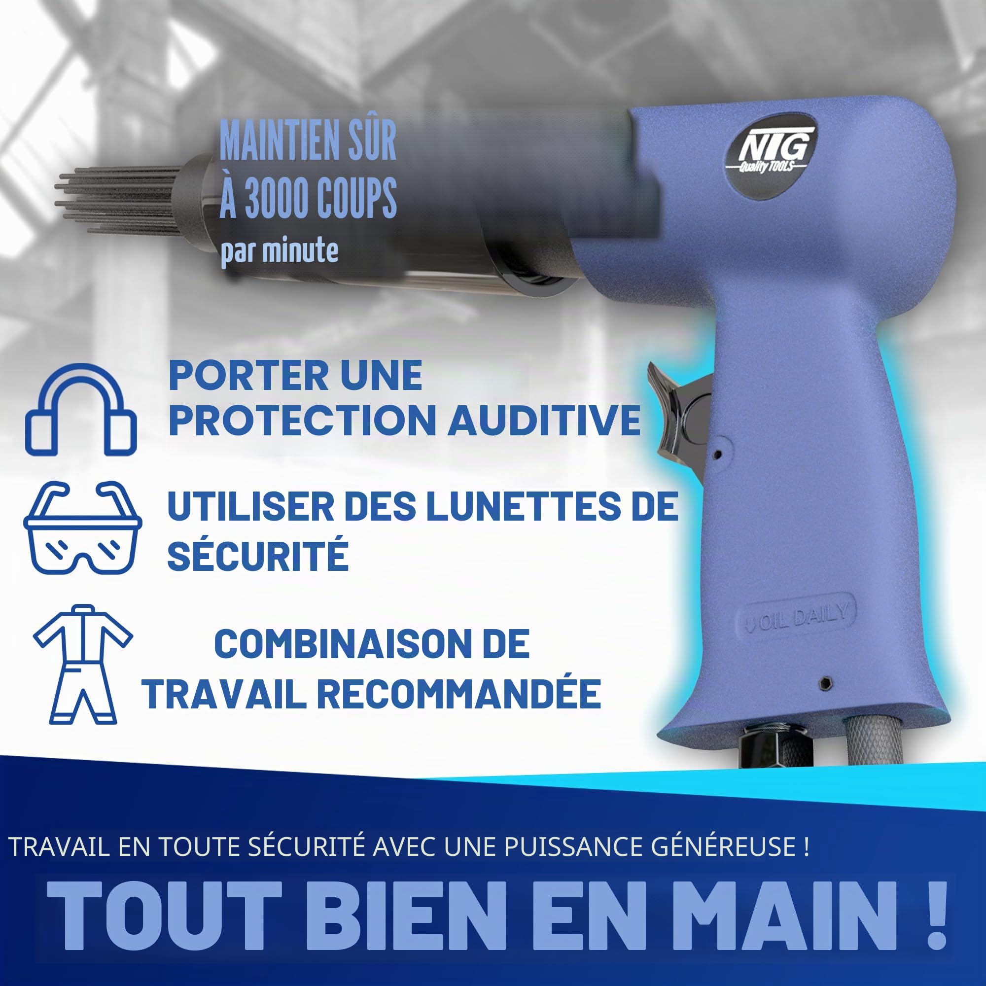 NTG Dérouilleur à aiguilles à air comprimé - Elimine la rouille et la peinture avec 19 aiguilles (Ø 3mm, longueur 180mm), élimination de la rouille pour le métal, atelier, outil pneumatique 3000 coups