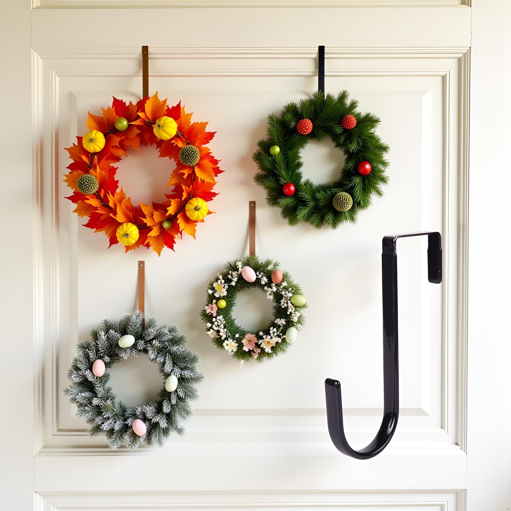 Pxiryanlow Black Wreath Hanger - Strong Bearing Fall Wreath Christmas Halloween Decorations Carbon Steel Wreath Door Hook Easy to Install