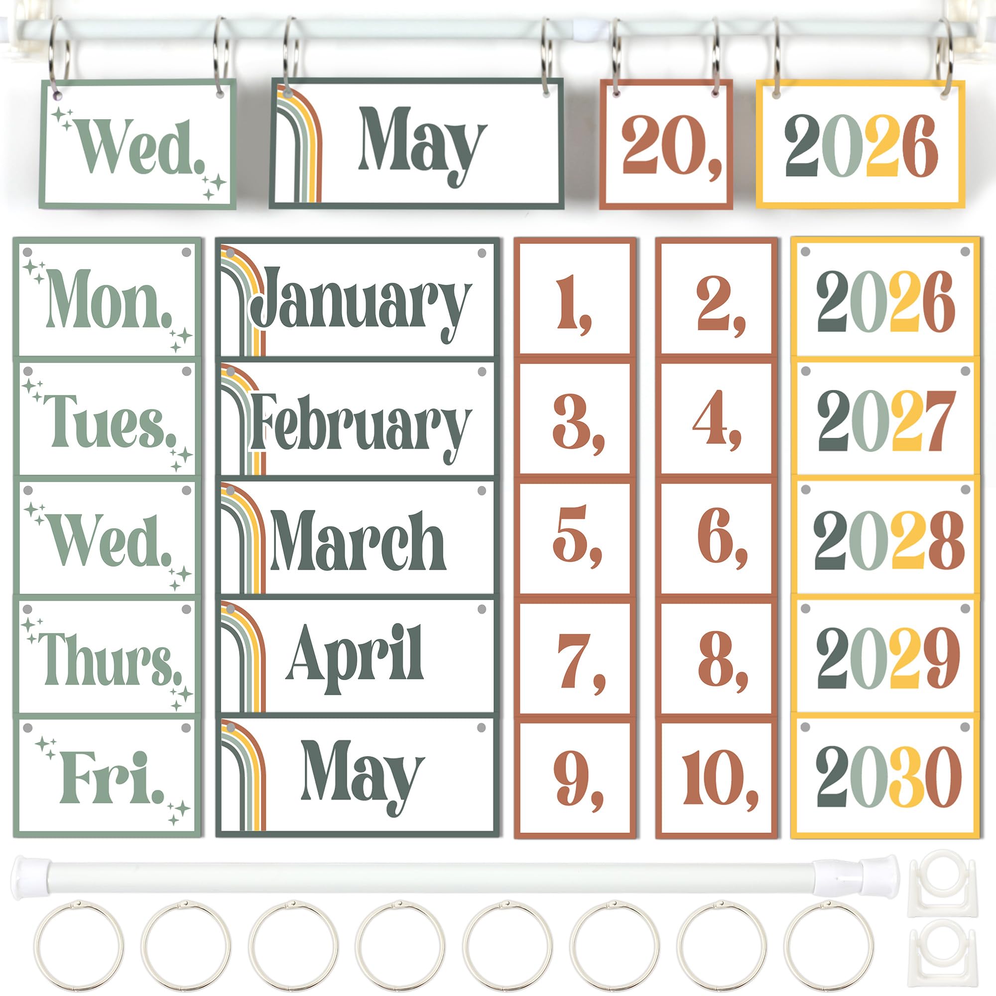 Set di calendari bohémien moderni e bohémien, con supporto, decorazione per aula bohémien, con 54 biglietti per data, supporto regolabile per calendario per aula e la casa