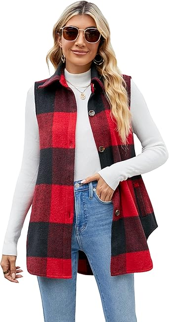UANEO Womens Fall Flannel Plaid Vest Button Down Sleeveless Shirt Jacket with Pockets