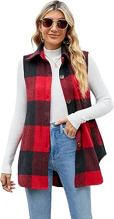 UANEO Womens Fall Flannel Plaid Vest Button Down Sleeveless Shirt Jacket with Pockets
