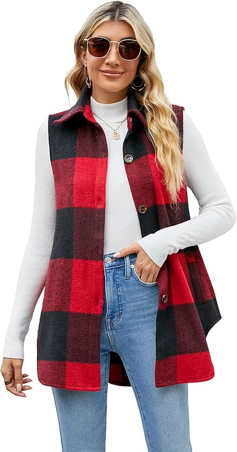 UANEO Womens Fall Flannel Plaid Vest Button Down Sleeveless Shirt Jacket with Pockets