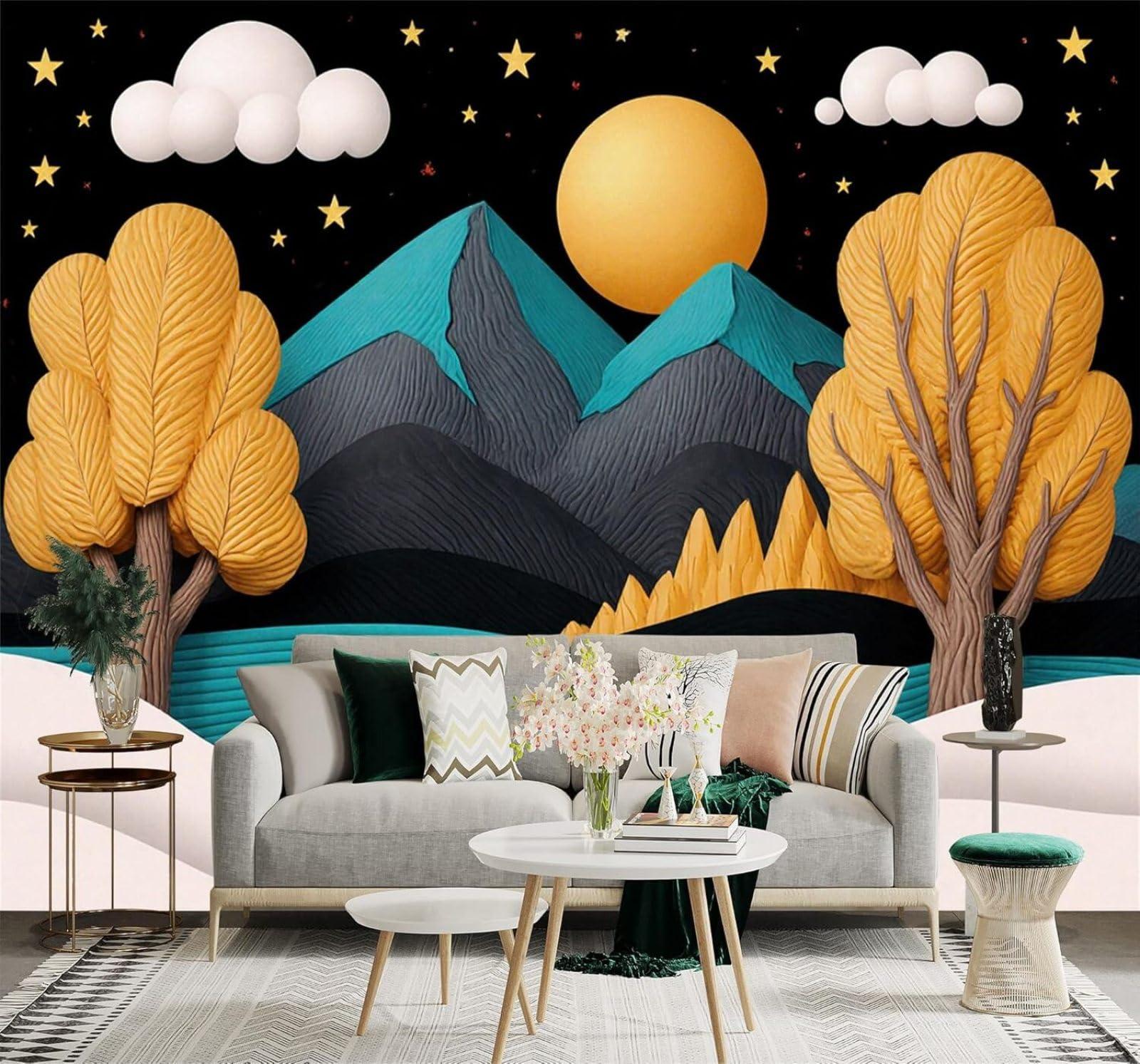 XLMING Abstract Mountain Scenery Golden Trees Moonlight Sky 3D Wallpaper Premium Textured Silk Study Dining Living Room Bedroom Sofa TV Wall Easy Install-400cm×280cm