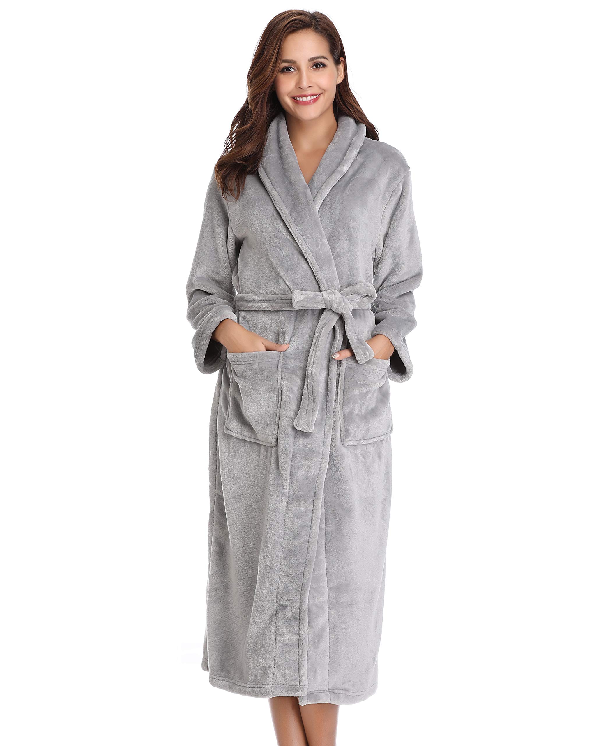Vlazom Bata Mujer Invierno Polar Bata de Casa Señora Larga Albornoz Mujer Invierno con Cinturón (Gris Claro,L)