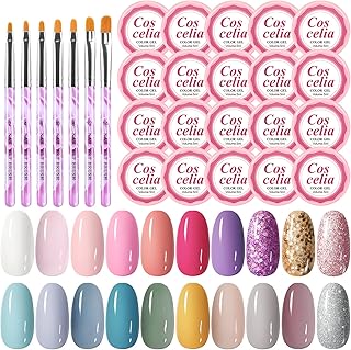 Kit 20pz Smalto in UV Colorato Gel per Unghie con 7pz Pennelli per Unghie Ricostruzione, Set Smalto in Gel per Nail Art