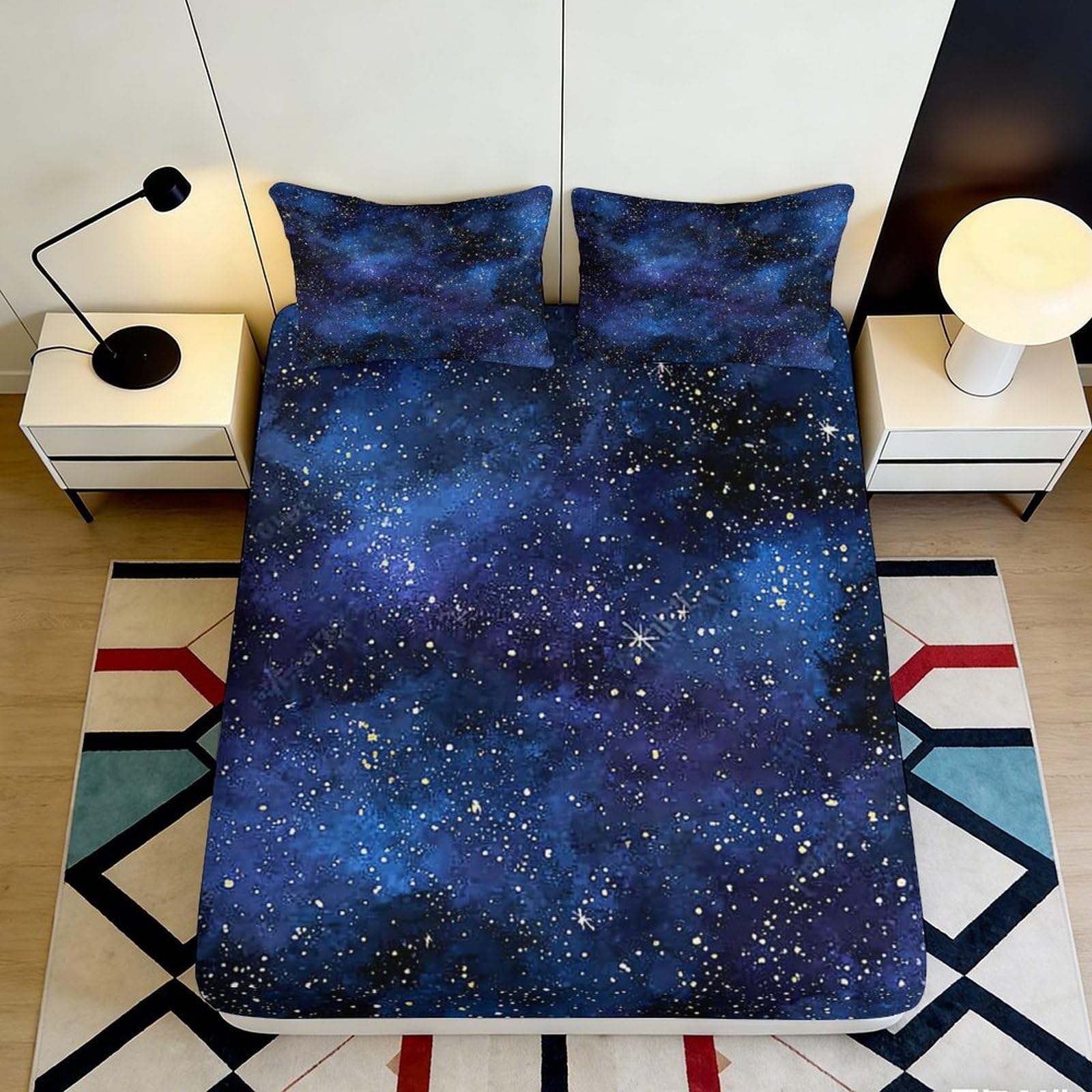3D Printed Galaxy Starry Sky Fitted Sheet Microfiber Soft Deep Blue Cosmic Nebula Mattress Cover Bedroom Decor 140x200x25cm