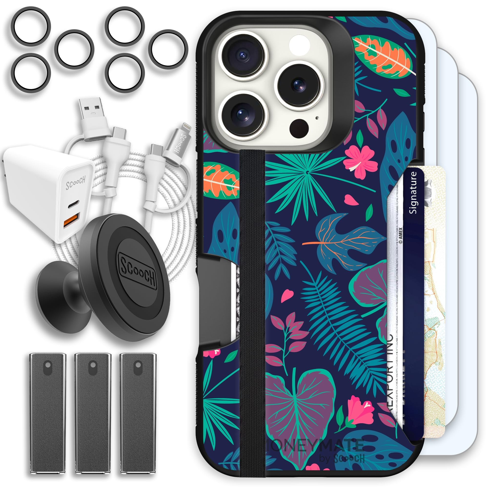 Scooch Moneymate for iPhone 16 Pro [Ultimate Bundle] with 3 Screen Protectors, 2 Camera Protectors, Wingmount, Mounting Card, 3 Tech Sprays, JuicePlug, JuiceCord 4-in-1, Tropical Leaves
