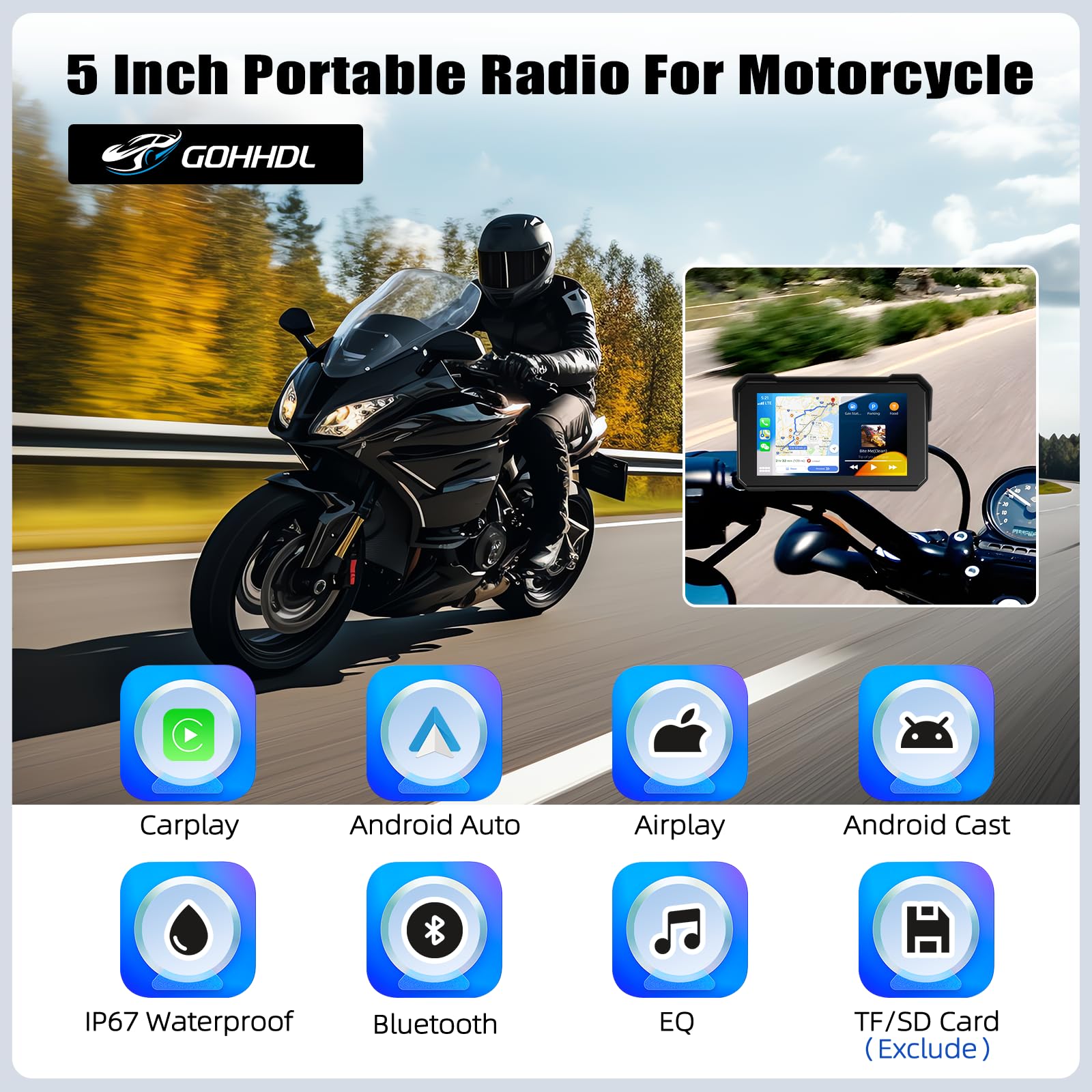 Écran GPS Carplay pour Moto, écran Carplay Android Auto sans Fil, Moto Android Auto Portable 5 Pouces Tactile étanche avec TF Bluetooth Navigation Siri