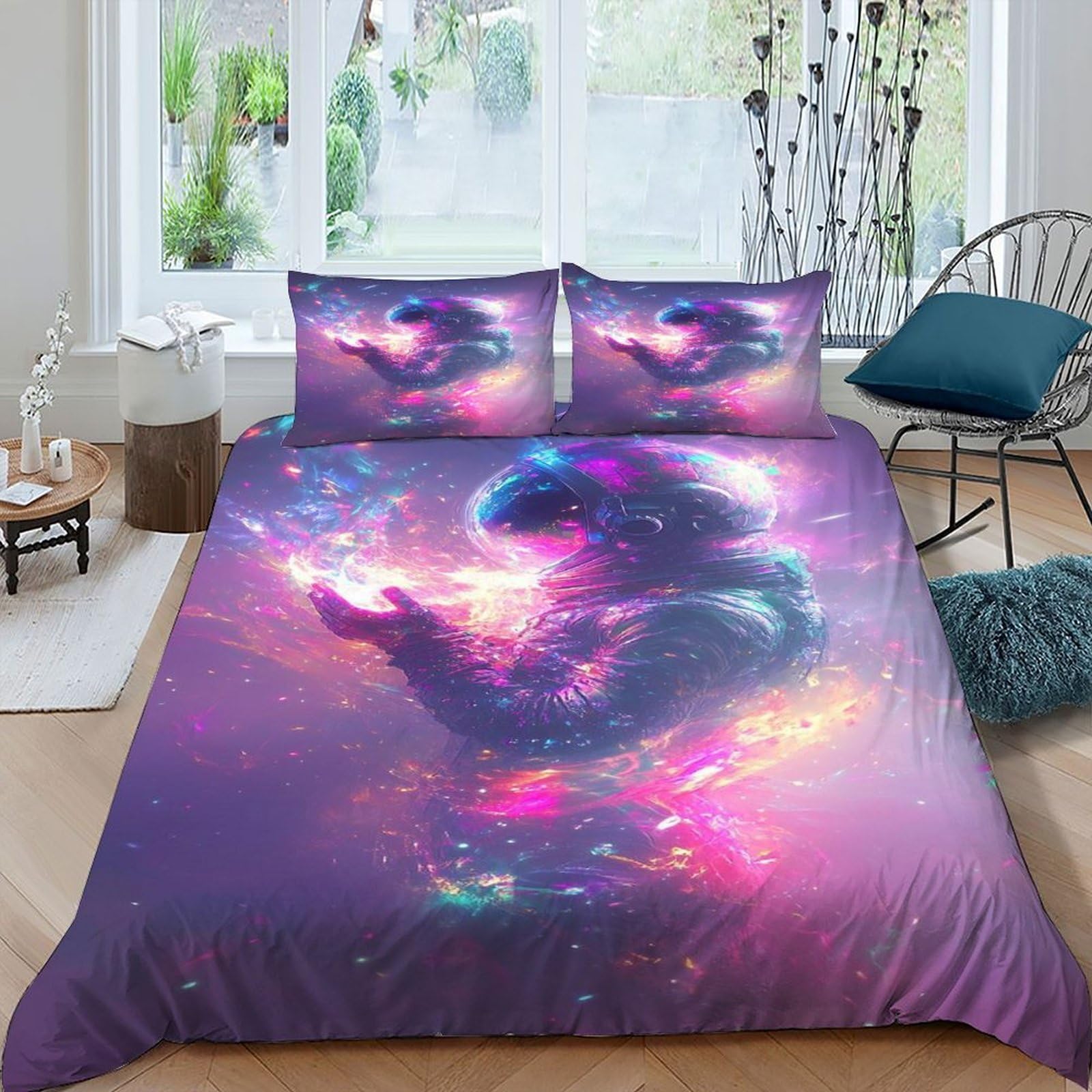 Housse de couette 220x240 astronaute en microfibre thermorégulatrice pour lit King