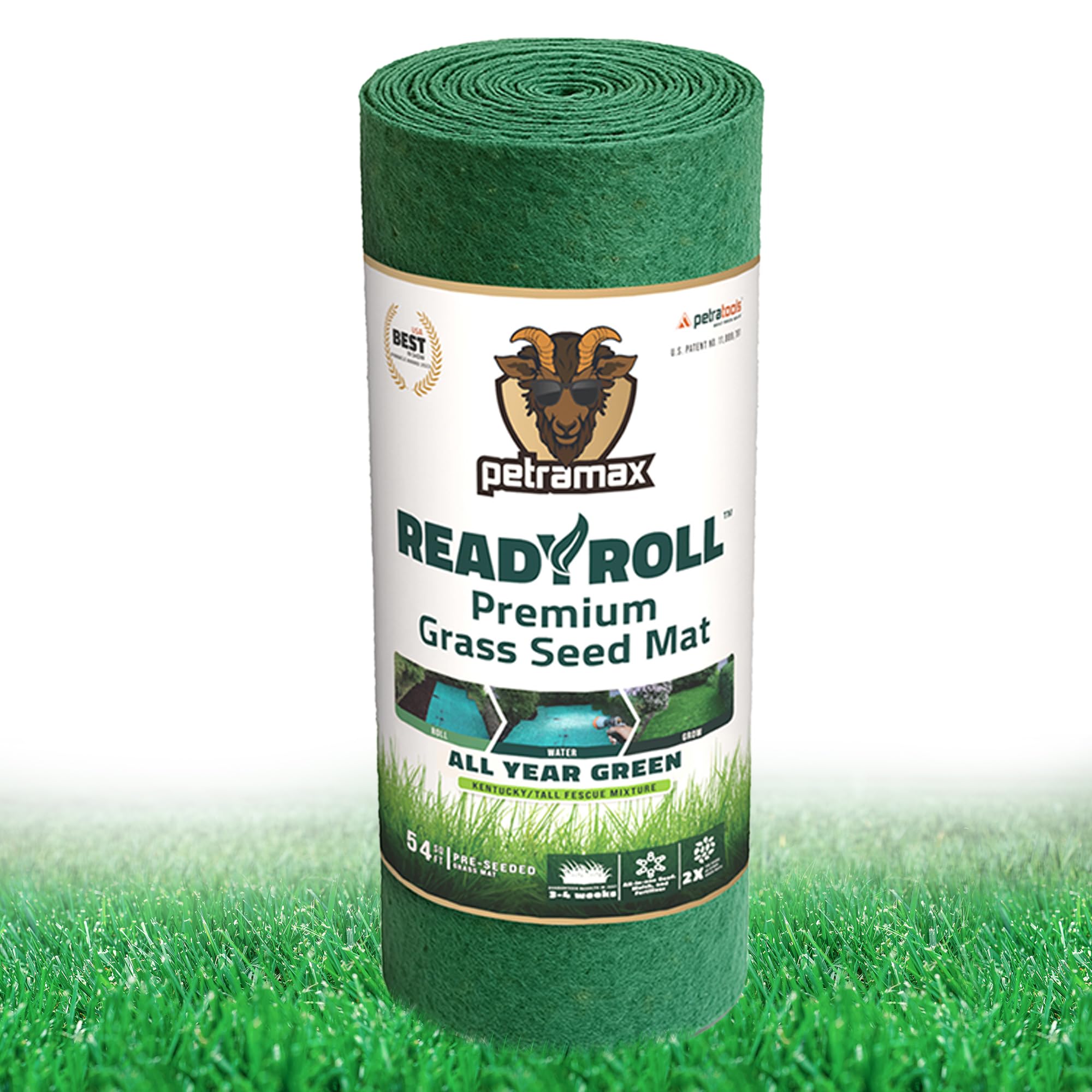 Petramax ReadyRoll Biodegradable Grass Seed Mat for Lawn (54 ft.) - All Year Green 3-in-1 Tall Fescue & Kentucky Grass Seed Rolls w/Mulch & Fertilizer - Lawn Repair Patch - Just Roll, Water, Grow