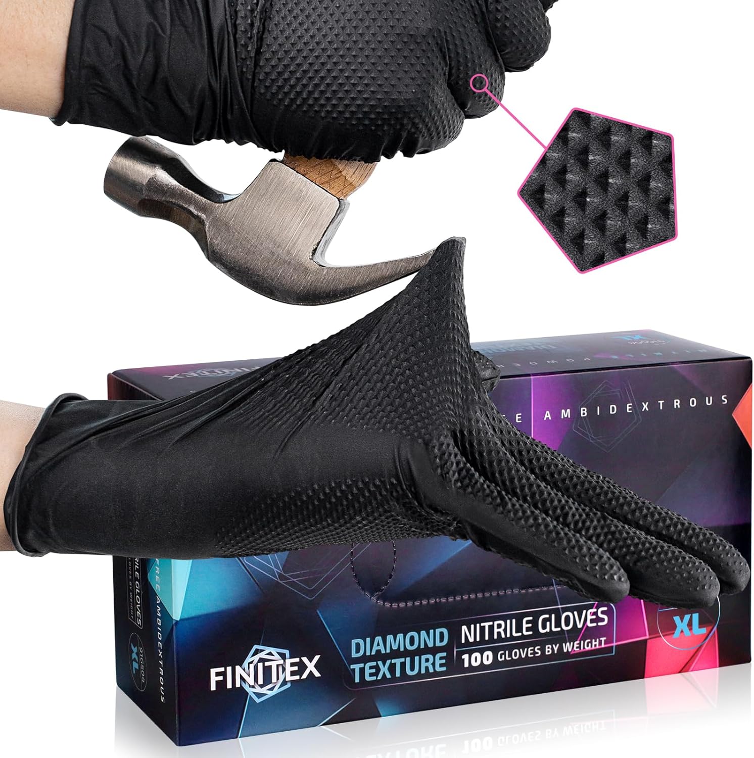 FINITEX Industrial Diamond Texture Nitrile Black Glove - 100/1000PCS Chemical Resistant 6.3mil Mechanic Disposable Gloves