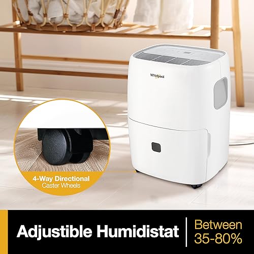 Miniatura 7 de Whirlpool Energy Star - Deshumidificador portátil de 50 pintas con bomba integrada, apagado automático y temporizador, deshumidificador para el