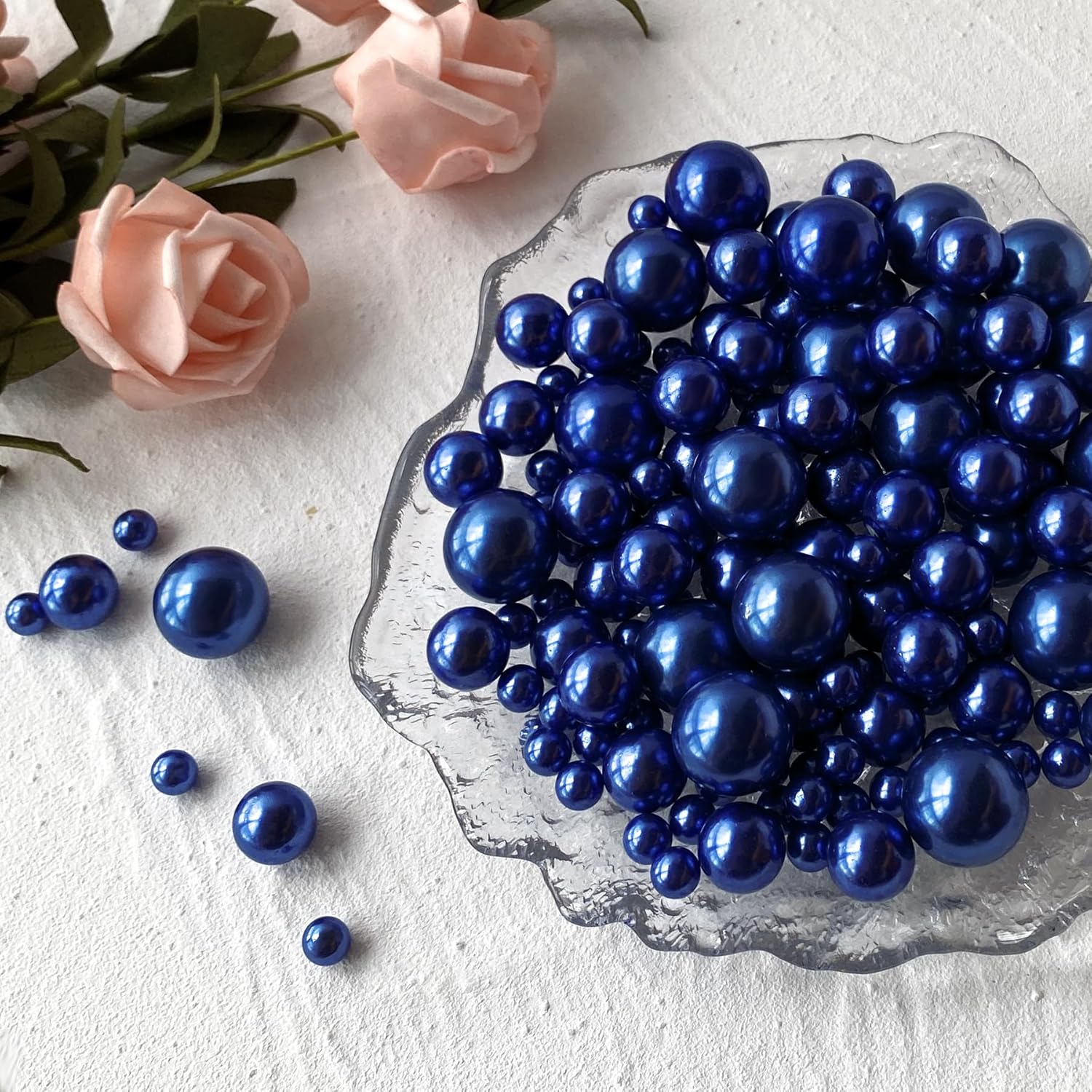 180 PCS Navy Blue Beads for Centerpieces Vases, No Hole Polished Pearl Makeup Beads Mixed 8/14/20mm Sizes, Pearl Vase Fillers Table Scatters for Party Wedding Decor - Image 5