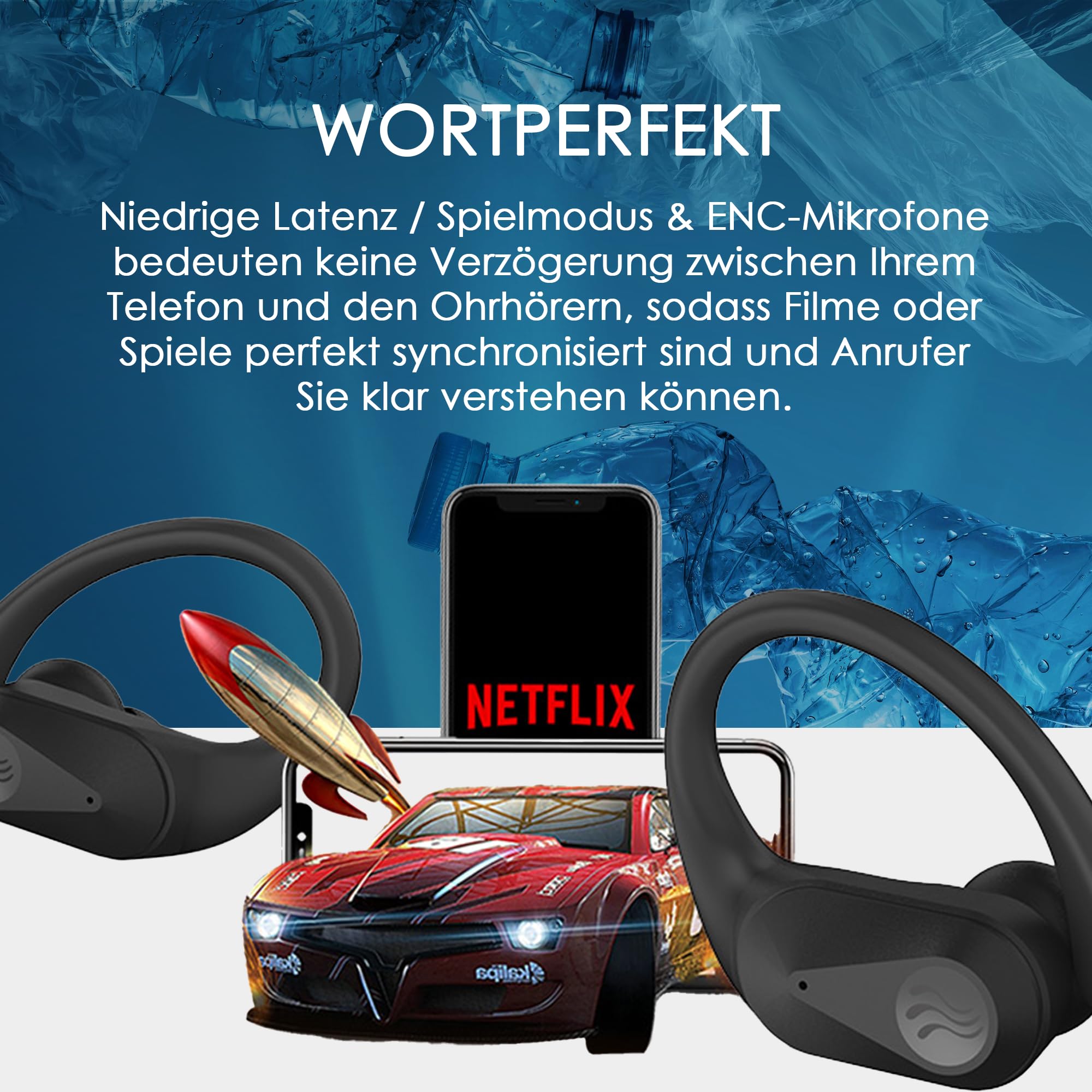 Boompods Sportpods Ocean Bluetooth Kopfhörer - Kabellos Sport-Ohrhörer mit ENC-Mikrofon, IPX4 Wasserdicht und 25 Std Akkulaufzeit, Schweißresistent In-Ear Kopfhörer für Fitness & Training, Schwarz