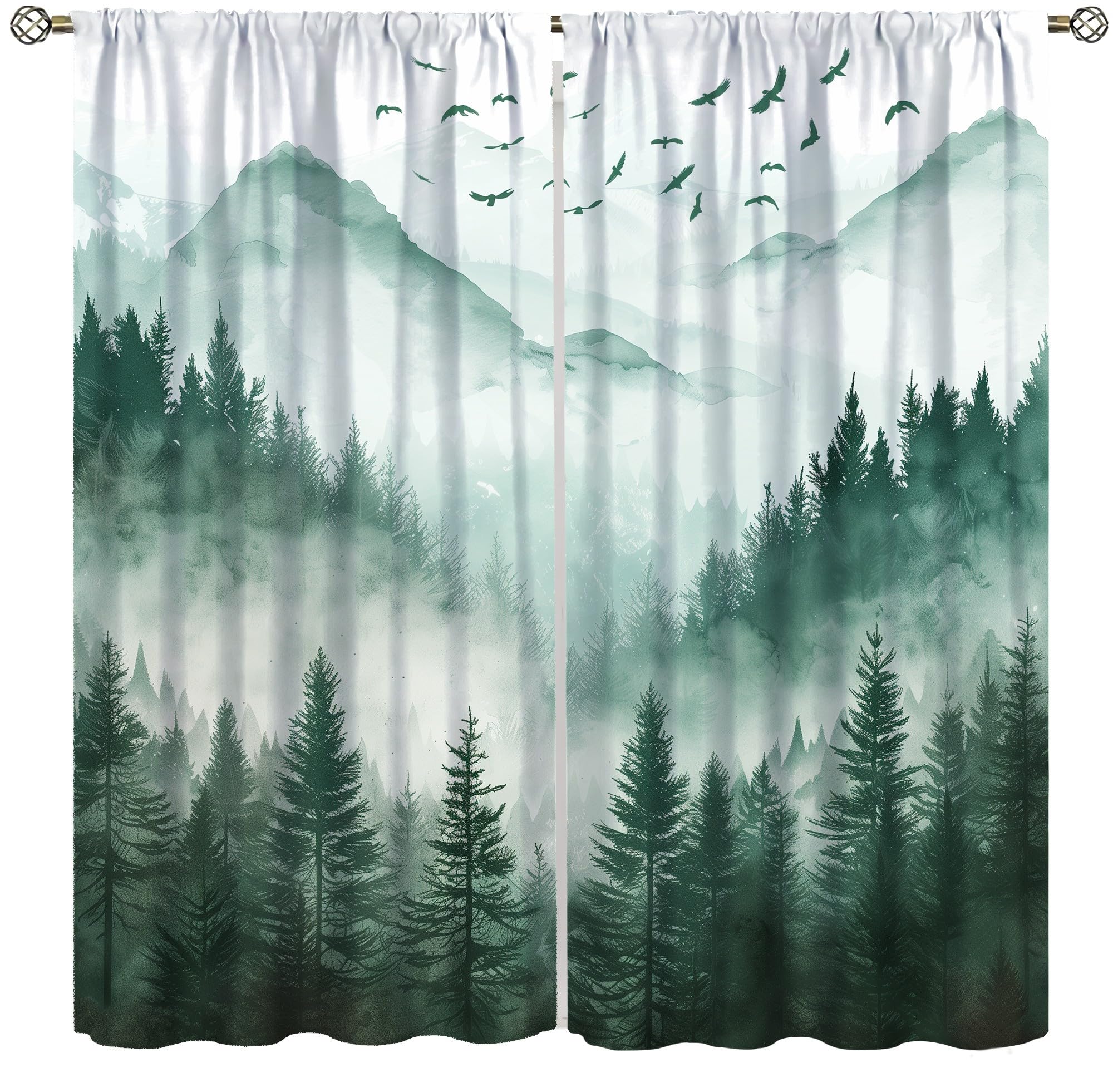 AAVEUP Watercolour Forest Curtains, Green Nature Forest Valley Misty Fresh Flying Birds Landscape Blackout Windows Treatments, Thermal Insulated