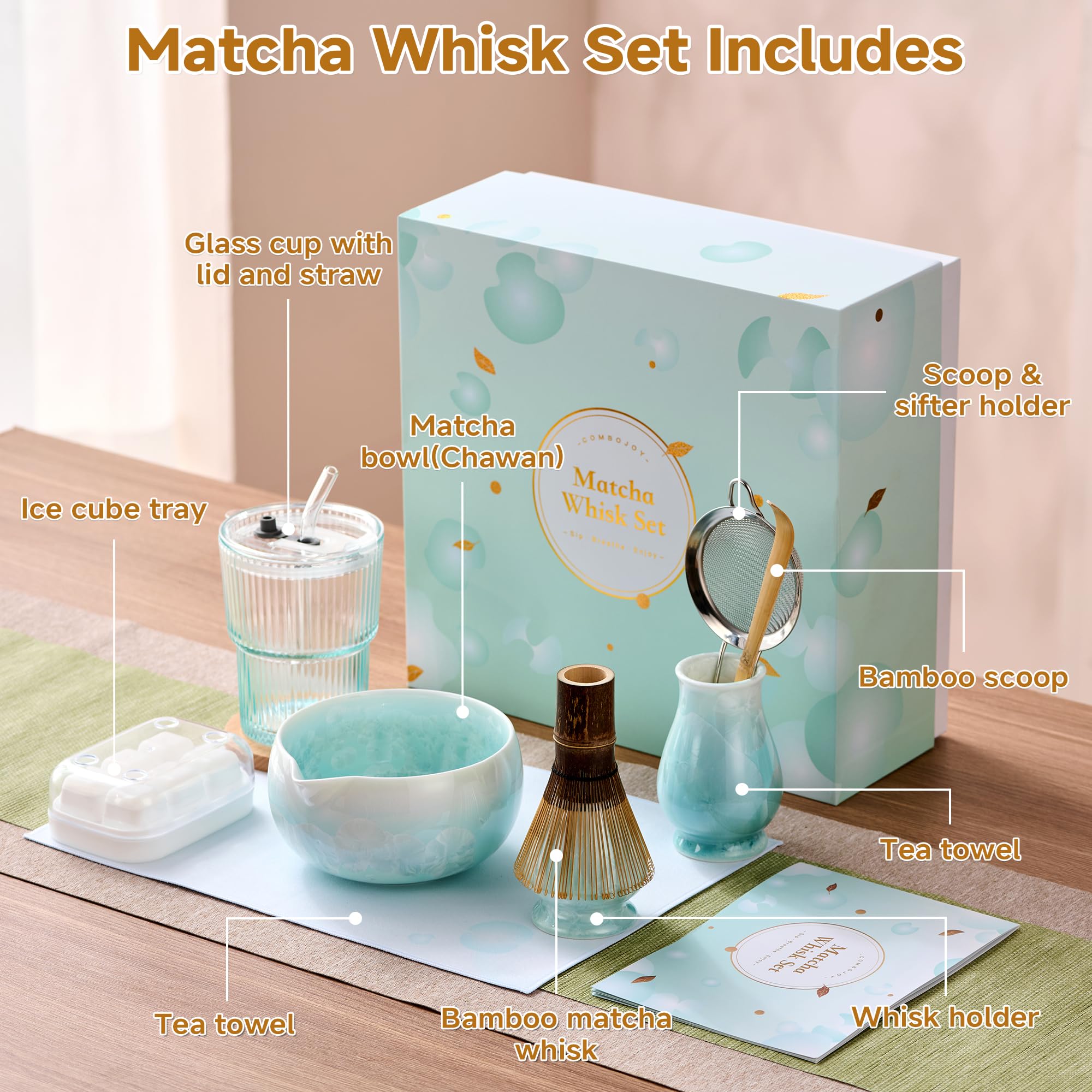 ComboJoy Ensemble de fouet à matcha – Bol à glaçage cristallin, fouet et support en bambou, cuillère et tamis avec support, tasse avec couvercle et paille, plateau à glaçons et torchon – Coffret