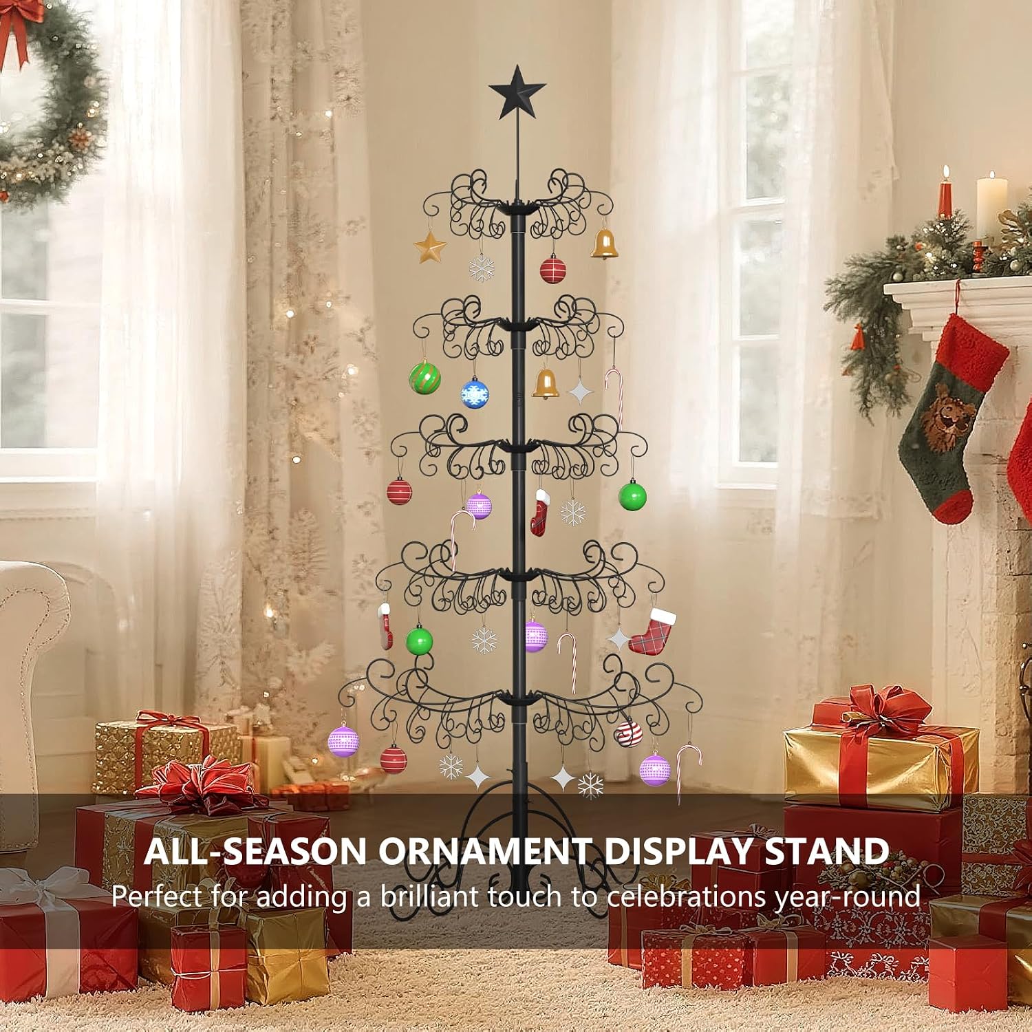 DoCred 6 Ft Metal Ornament Display Stand, Wrought Iron Christmas Tree Ornament Holder Hanger Wire Hanging for Halloween Xmas Glass Balls Decorations Gift, Black