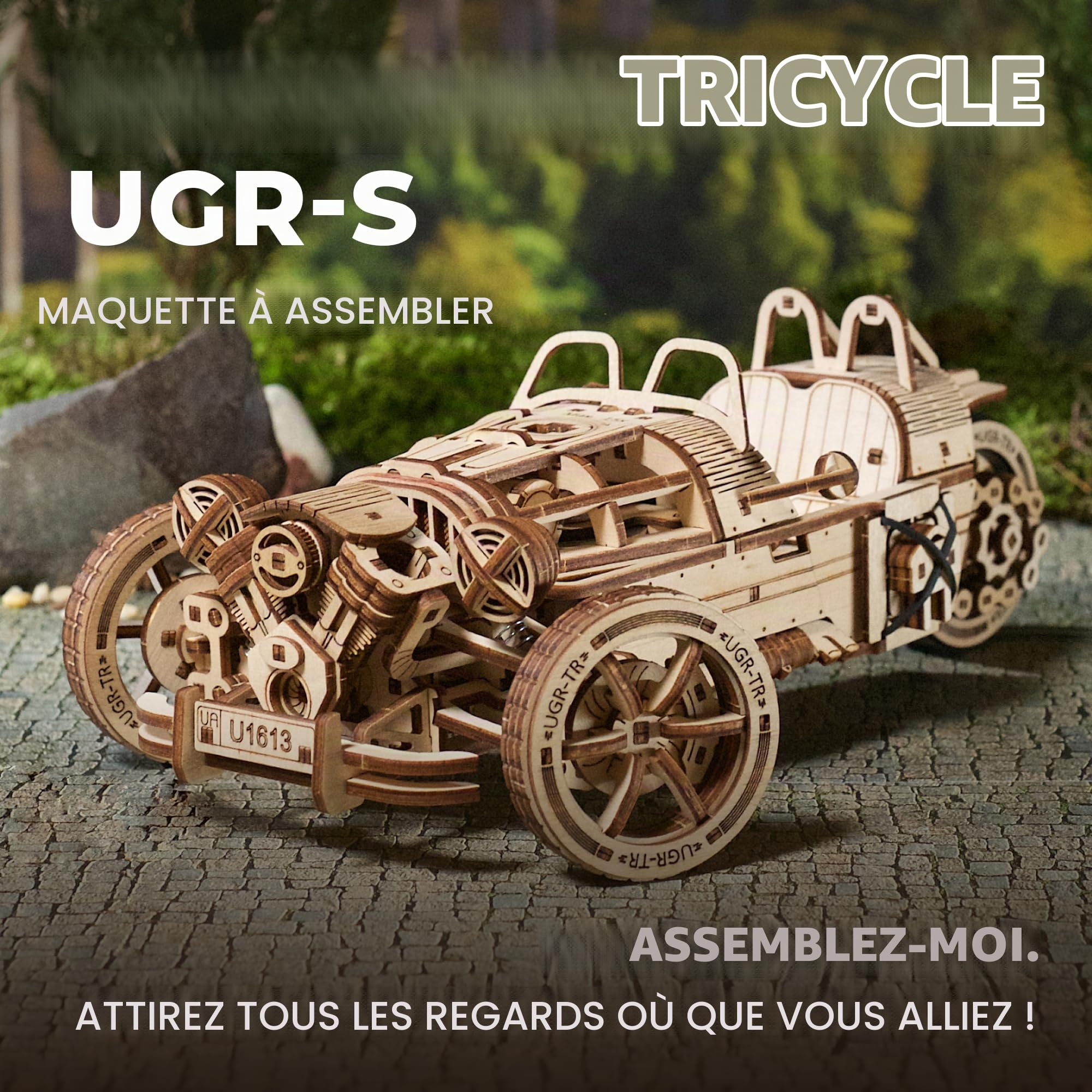 UGEARS UGR-S à Trois Roues Maquette en Bois à Construire Moto - Mécanique Puzzle 3D en Bois - Maquette Voiture a Monter avec Direction et Moteur Fonctionnels - DIY pour Les Fans de Casse-Tête