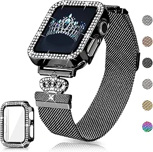 Magnetic Band Compatible with Apple Watch 38mm 40mm 41mm 42mm 44mm 45mm 46mm Stainless Steel Metal Strap with Bling Case and Built-in Screen Protector, Dressy Milanese Loop iWatch Bands for Women