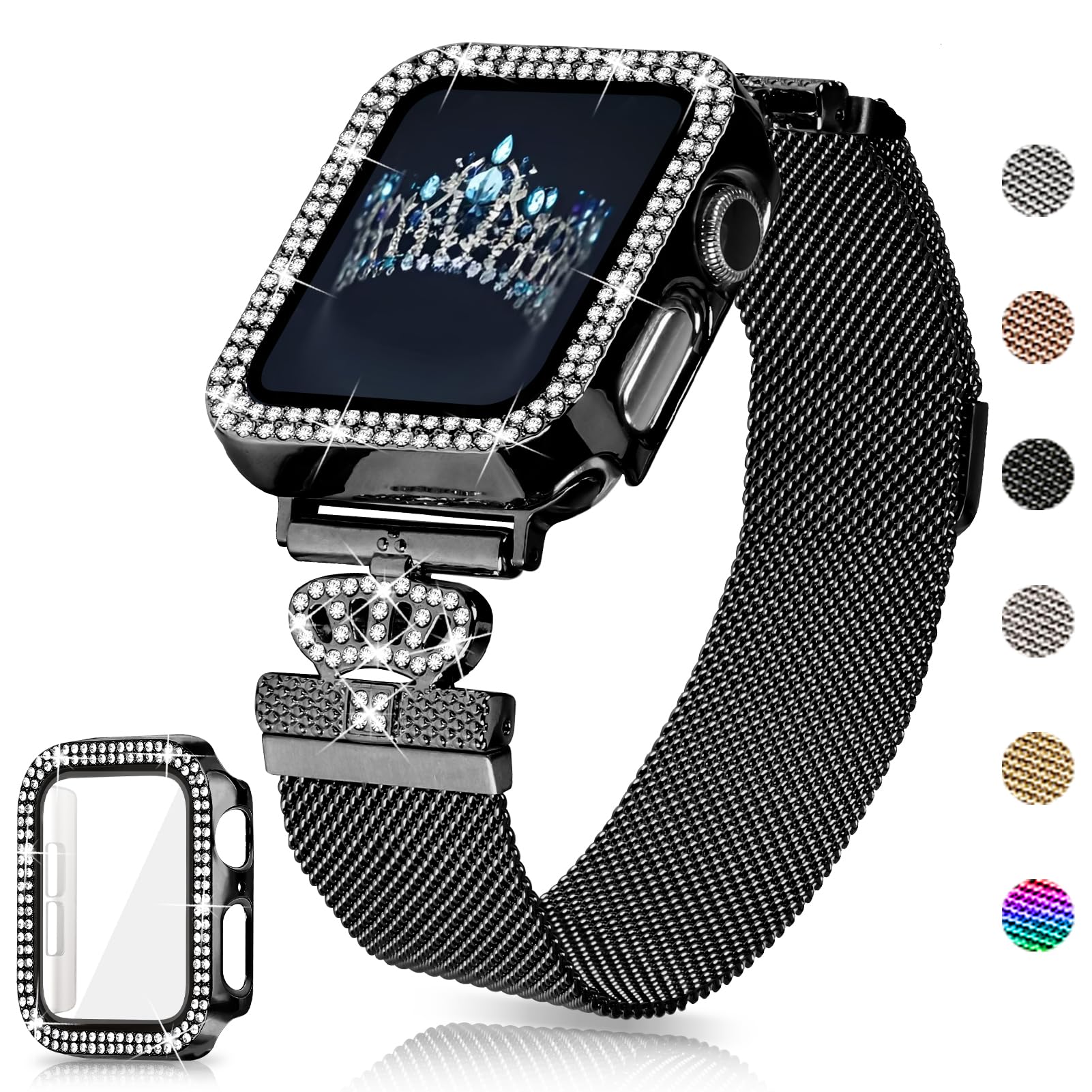 Youthrun Magnetic Band Compatible with Apple Watch 38mm 40mm 41mm 42mm 44mm 45mm 46mm Stainless Steel Metal Strap with Bling Case and Built-in Screen