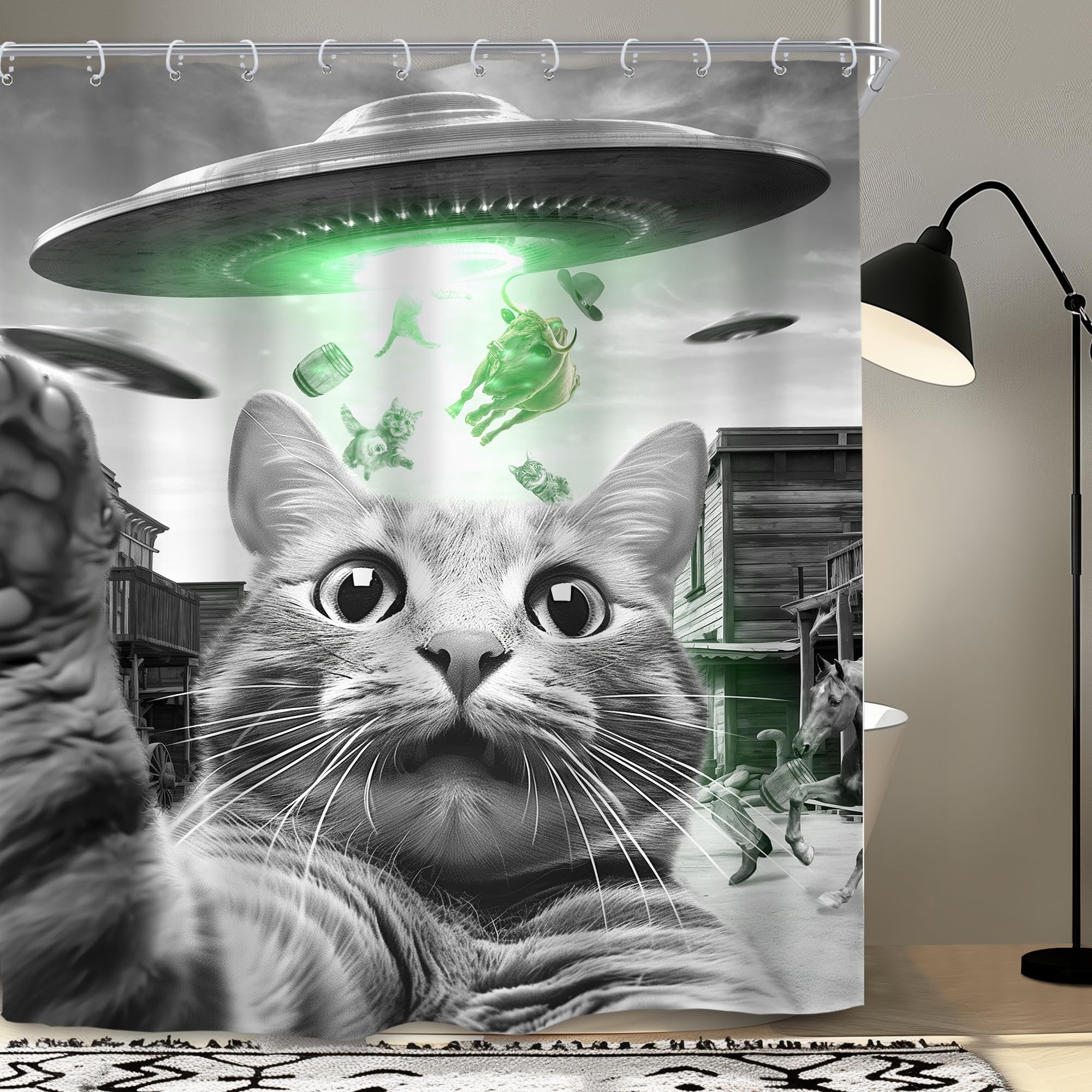 SVBright Funny Cat Shower Curtain 60Wx72L Inch Kids Black White Selfie Western Spaceship Cute Cool Unique Designer Creative Boys 12 Pack Hooks Polyester Waterproof Fabric Bathroom Bathtub Panels