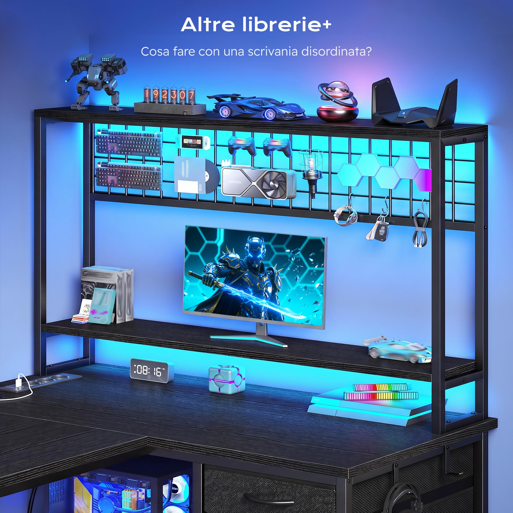 140x100cm Forma a L Gaming Scrivania con Libreria, LED per Lavorare