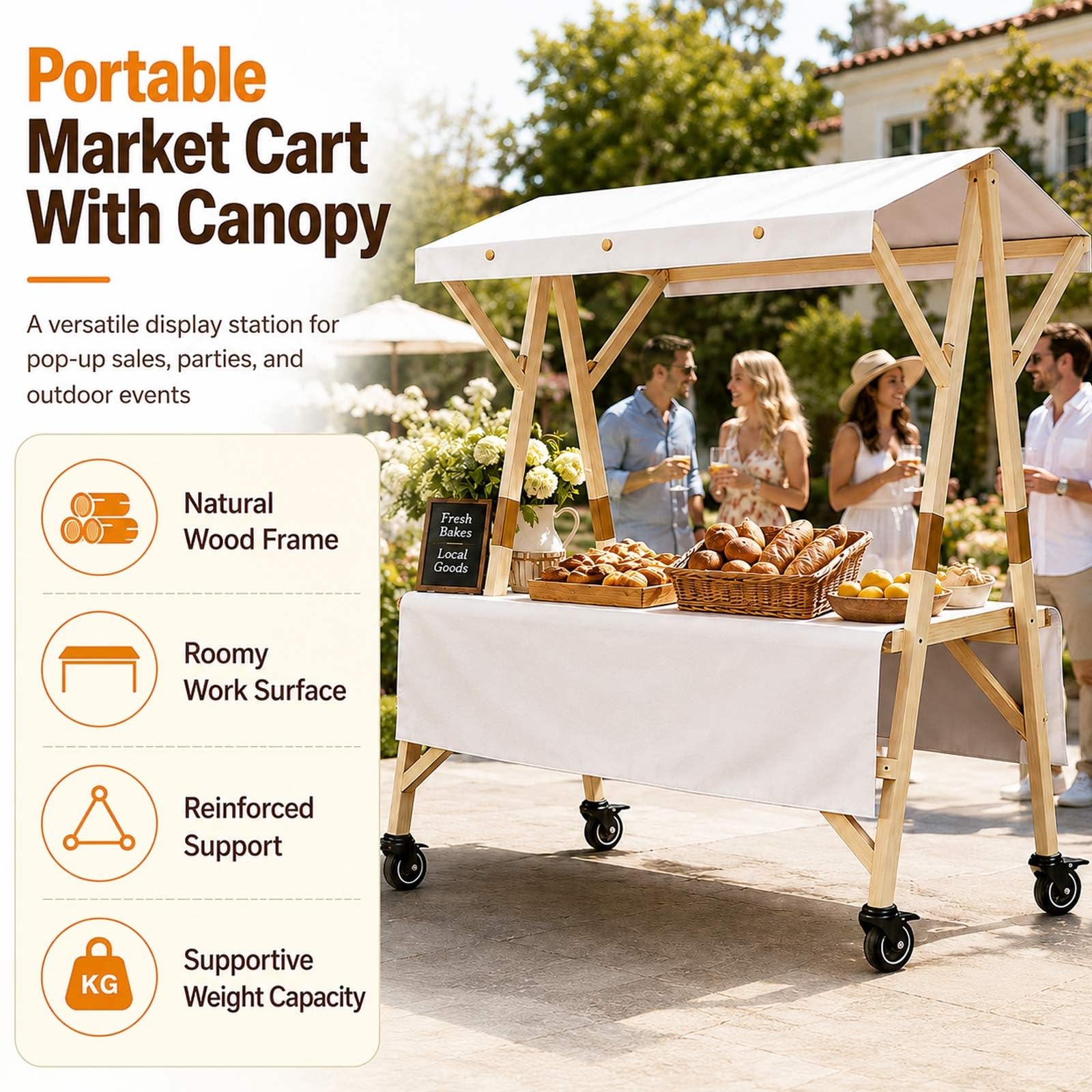 Puesto De Mercado con Toldo, Carrito De Comida Callejera De Madera, Carro Venta Ambulante, Kiosco Móvil con Ruedas, Stand Plegable para Catering Y Eventos Pop Up(Pink a,L 150cm/59in)