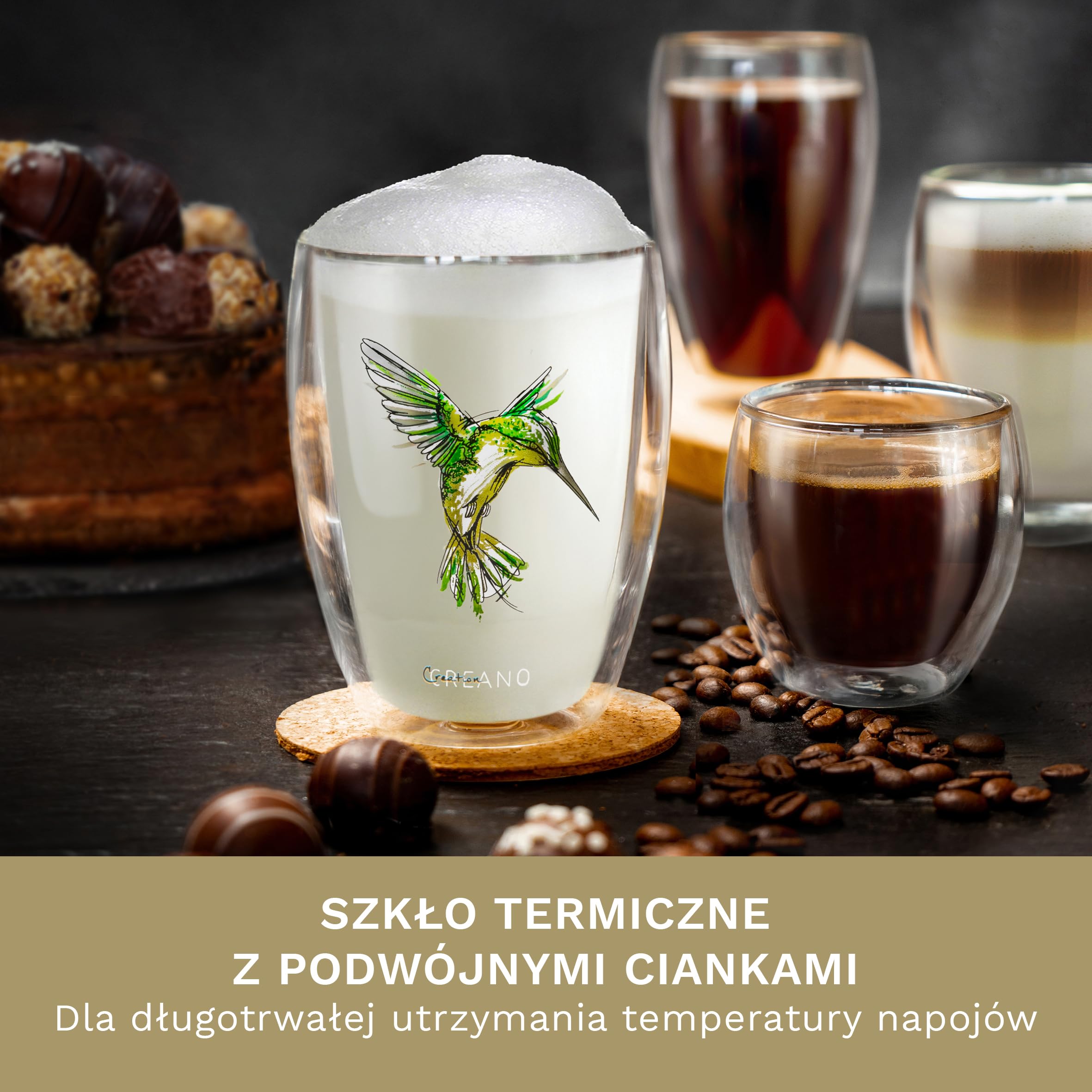 Creano Kieliszki Hummi, latte Macchiato, szklanki termiczne z kolibrem, zestaw 6 sztuk, 250 ml, w kolorach niebieskim, czerwonym, zielonym, pomarańczowym, fioletowym, żółtym