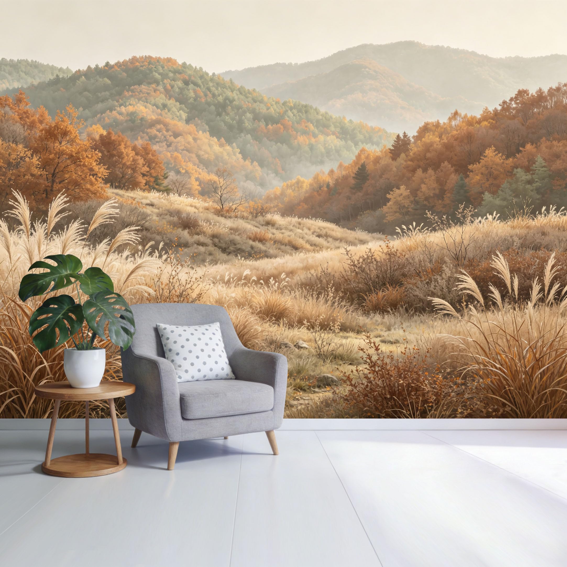Custom Size Wall Mural Autumn Mountain Landscape Golden Meadow Valley Morning Mist Forest View SelfAdhesive Wall Fabric Removable Wallpaper for Home Office Decor