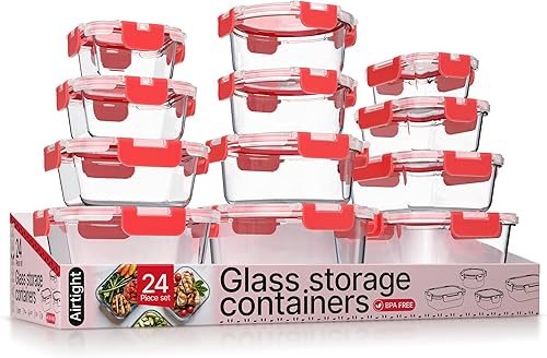 Recipientes de almacenamiento de alimentos de vidrio borosilicato con tapas, 24 piezas, sin BPA, apilables para almuerzo y sobras, aptos para