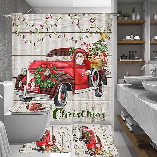Miniatura 5 de XVWJ Juego de cortina de ducha de camión de Navidad con alfombras, cubierta de tapa de inodoro y tapete de baño, juegos de baño rústicos de Navidad