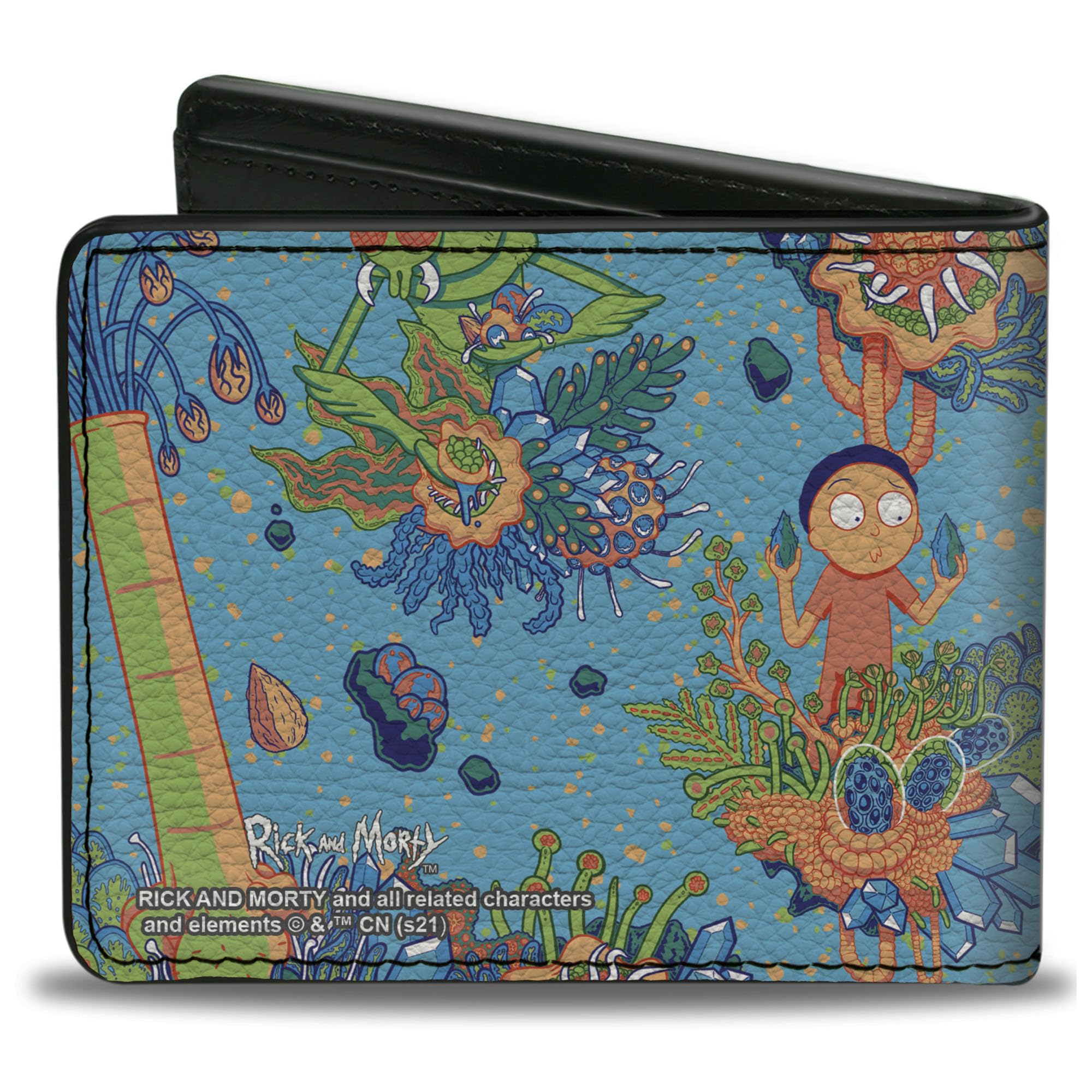 Buckle-Down Men's Standard Rick and Morty Wallet, Bifold, Botanical Garden Collage Blue, Vegan Leather, 4.0