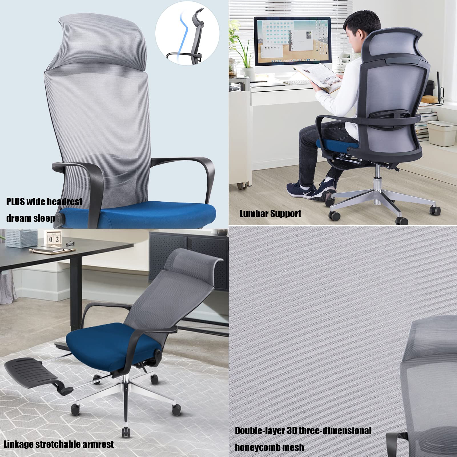 Krzesło biurowe z podnóżkiem, ergonomiczne krzesło biurowe, obrotowe krzesło biurowe z kółkami, podłokietnikiem, zagłówkiem, podparciem odcinka lędźwiowego (Grey Aluminum Alloy Feet)