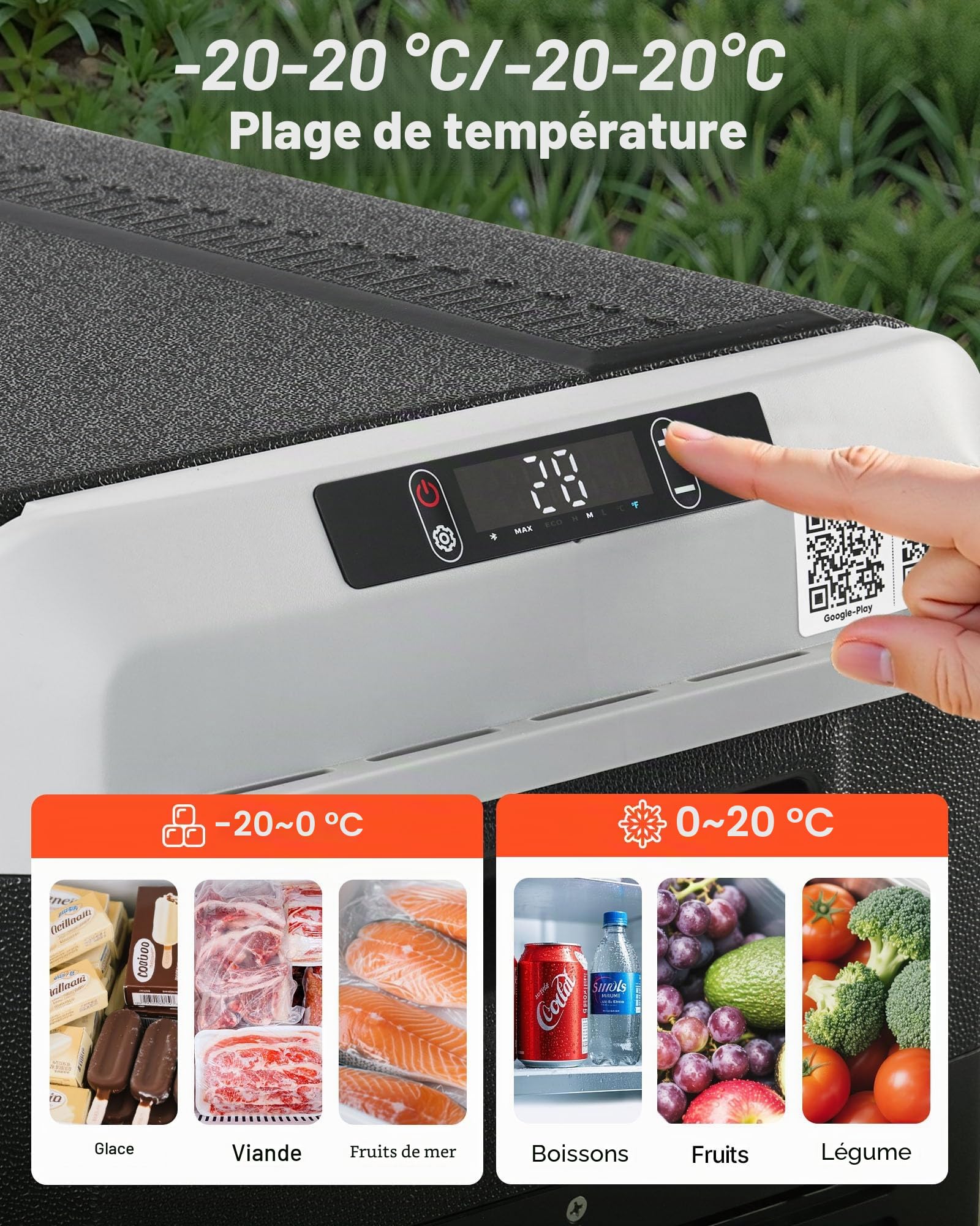 VEVOR Glacière Électrique 30 L, Réfrigérateur Portable Voiture et Maison 12/24 V CC et 100-240 V CA, pour Camping Voyage Plage Pêche, Mini Frigo à Compression, Température Réglable -20 °C à 20 °C