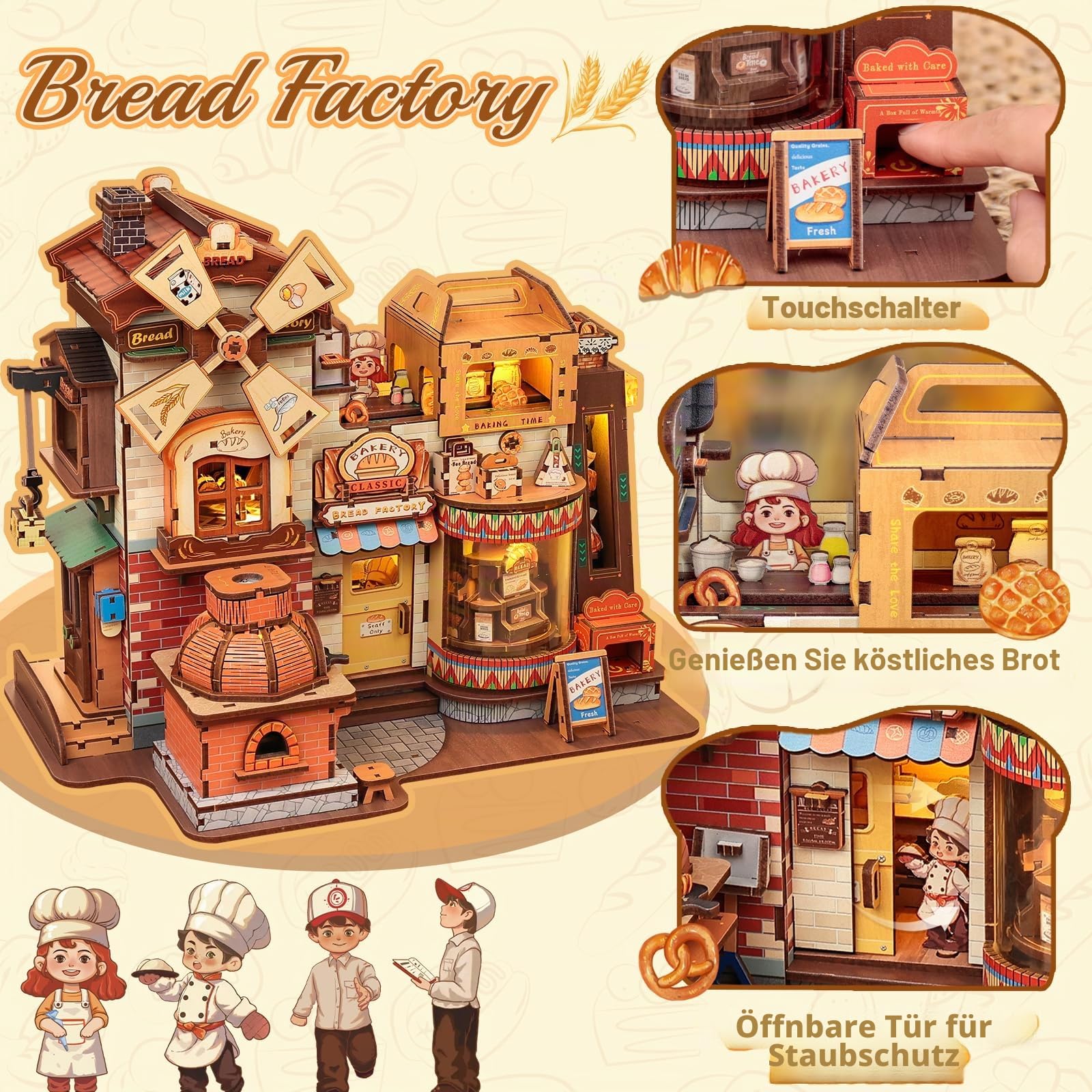 Cutefun 3D Holzpuzzle Modellbausatz – 572-teiliges Book Nook Bausatz für Erwachsene – Maßstabsgetreues Modell mit Musik, LED-Licht – Brot-Thema Geschenkefabrik