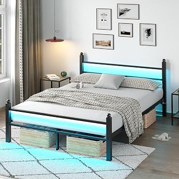 CollaredEagle Queen Bed Frame with Headboard and Footboard,Heavy Duty Steel Slats Support Metal Bed Frame with Charging Station, Black, BF002-BK-Q-CE4