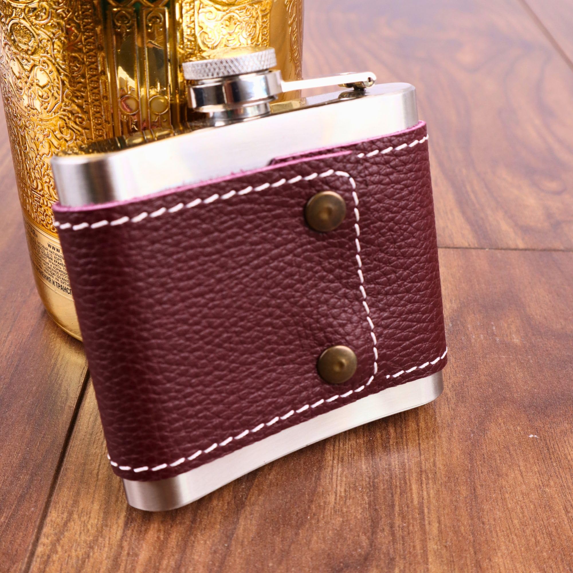 Perlotus 5 Oz-150 cc Hunili Kahve Brown Deri Kılıf Çelik Viski İçki Konyak Matarası