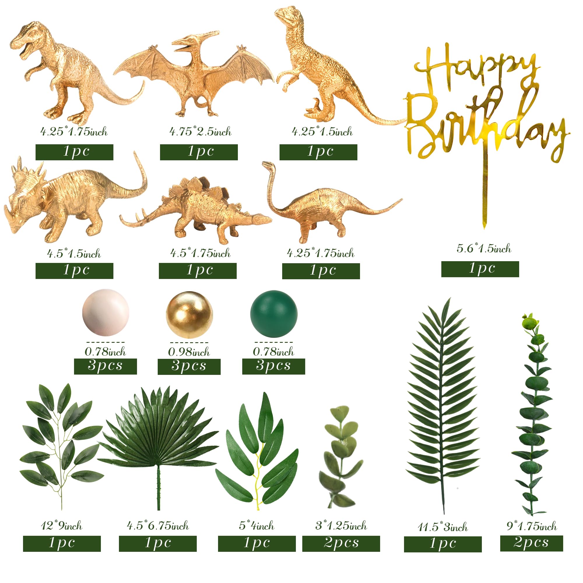 21 PCS Gold Dinosaur Cake Toppers Dinosaur Figures Green Ball Cake Decoration for Boy Girl Birthday Baby Shower Dinosaur Theme Party Supplies (Gold)