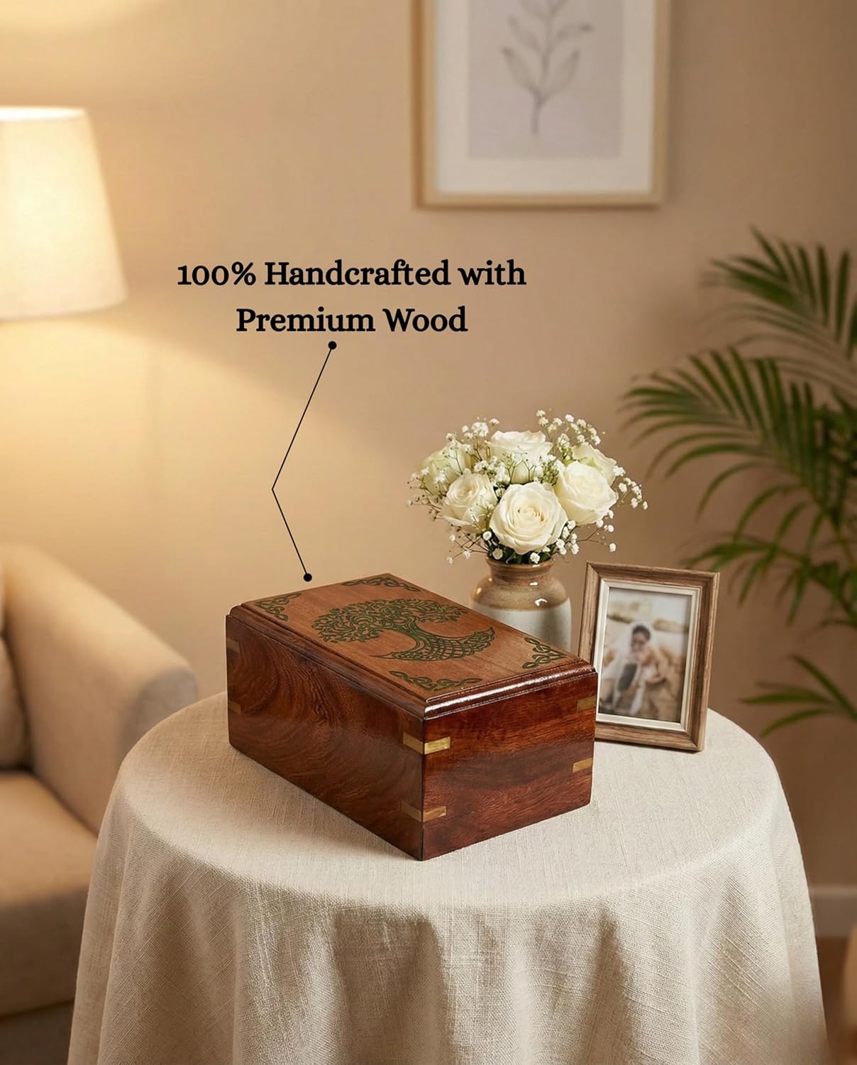 “Handcrafted Wooden Urn with Green Tree of Life Engraving | Premium Memorial Ashes Urn | Eco-Friendly Wooden Keepsake Urn for Human Ashes | Elegant & Durable Design”